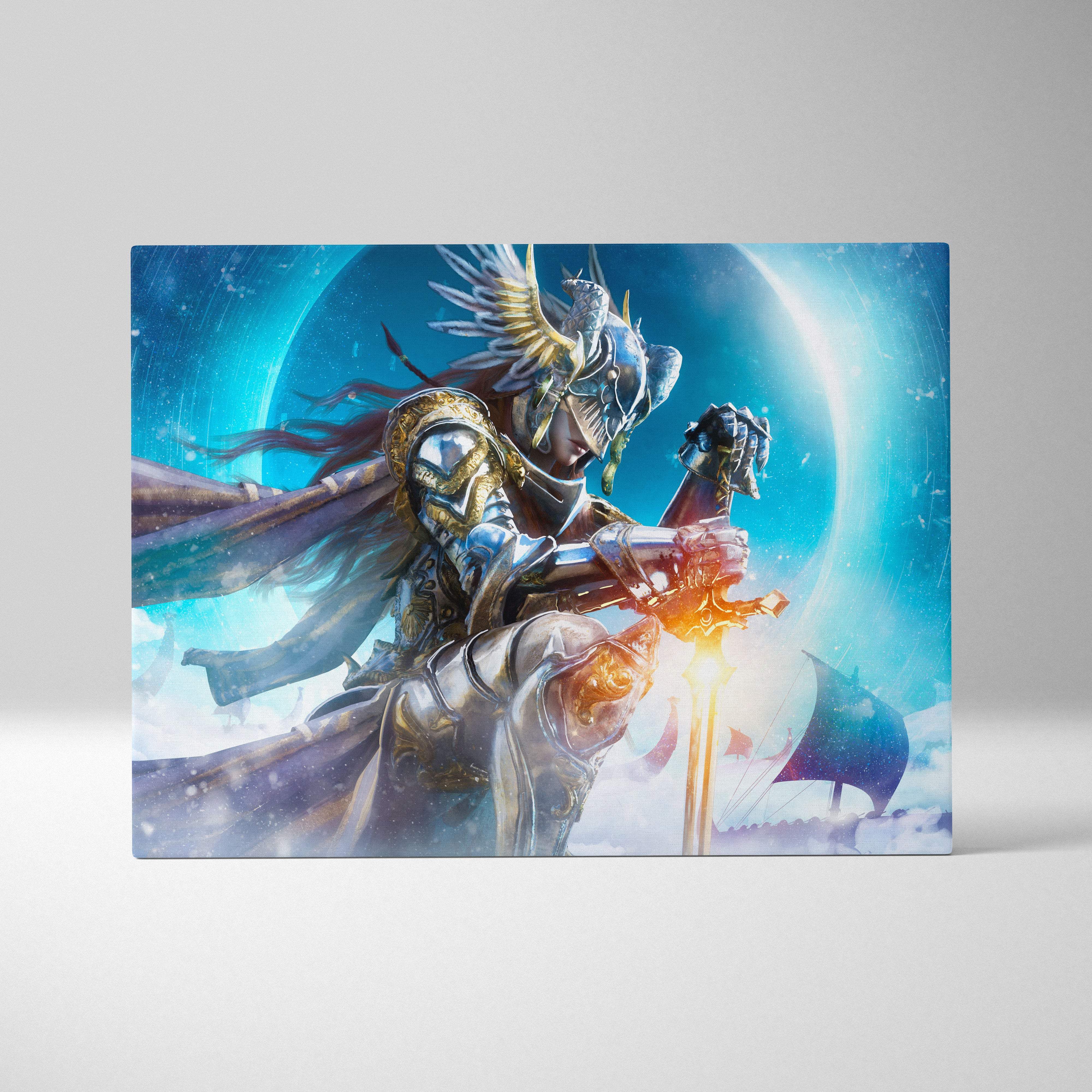 A rectangular canvas print of a celestial valkyrie warrior in silver and gold armor with a glowing sword against a blue sky