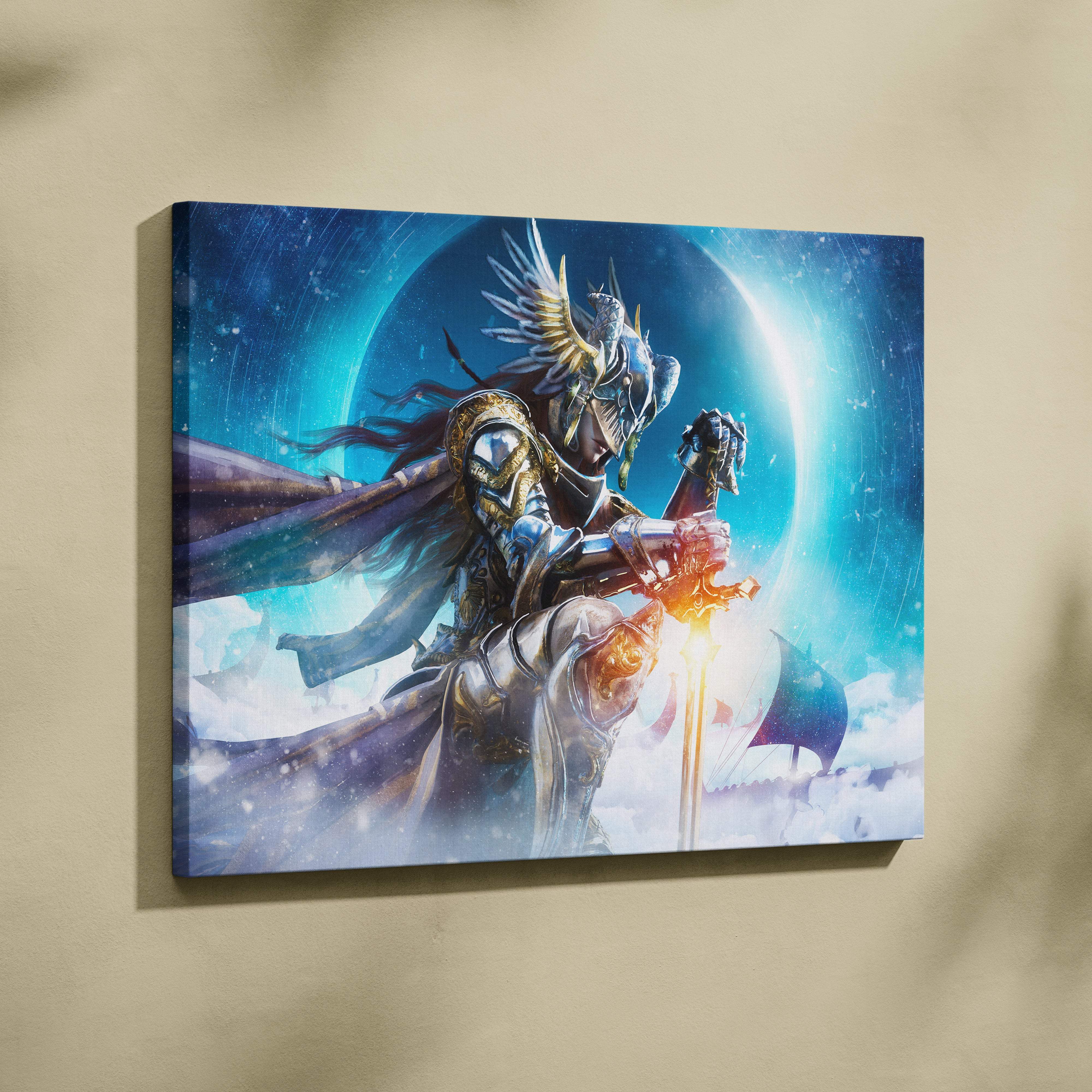 A framed canvas print of a celestial valkyrie fantasy warrior in ornate silver and gold armor with a glowing sword