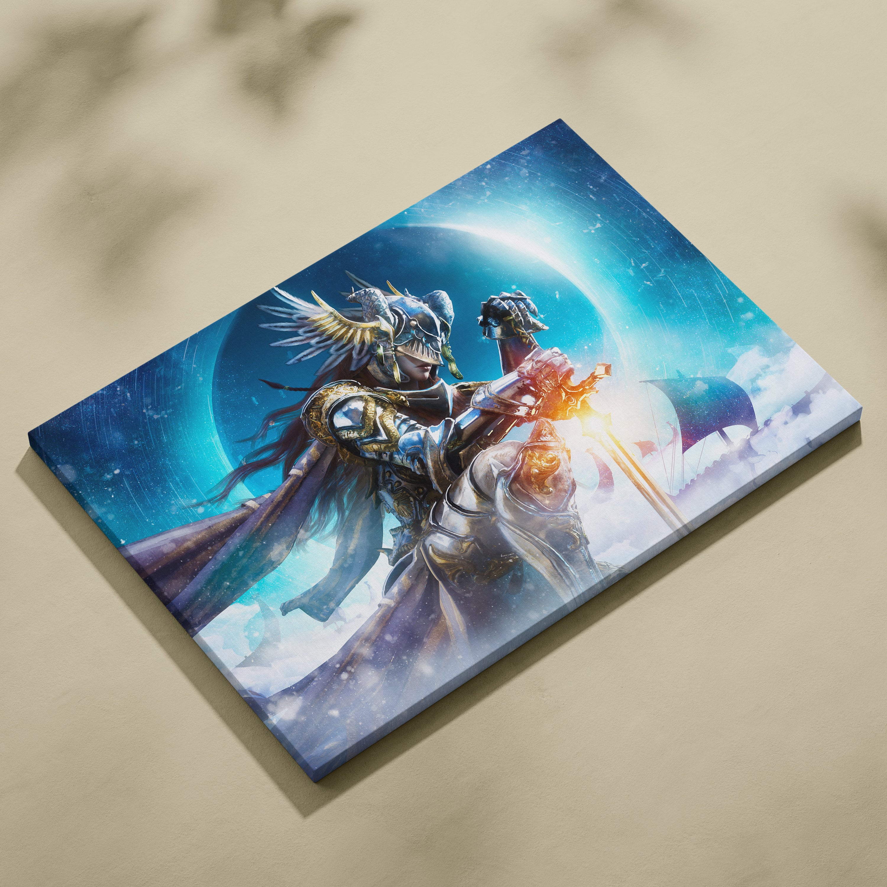 Celestial Valkyrie Canvas Art – Epic Nordic Fantasy Warrior with Winged Helmet, Glowing Sword, Icy Blue Sky, Snowy Atmosphere, and Cinematic Mythic Illustration Style