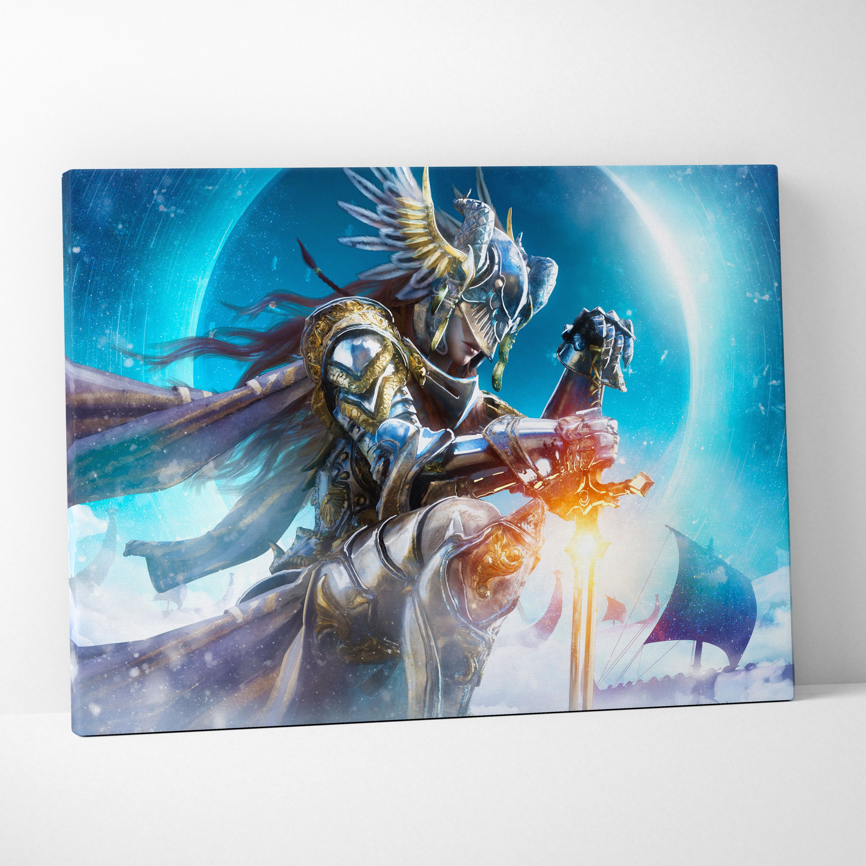 Celestial Valkyrie Canvas Art – Epic Nordic Fantasy Warrior with Winged Helmet, Glowing Sword, Icy Blue Sky, Snowy Atmosphere, and Cinematic Mythic Illustration Style