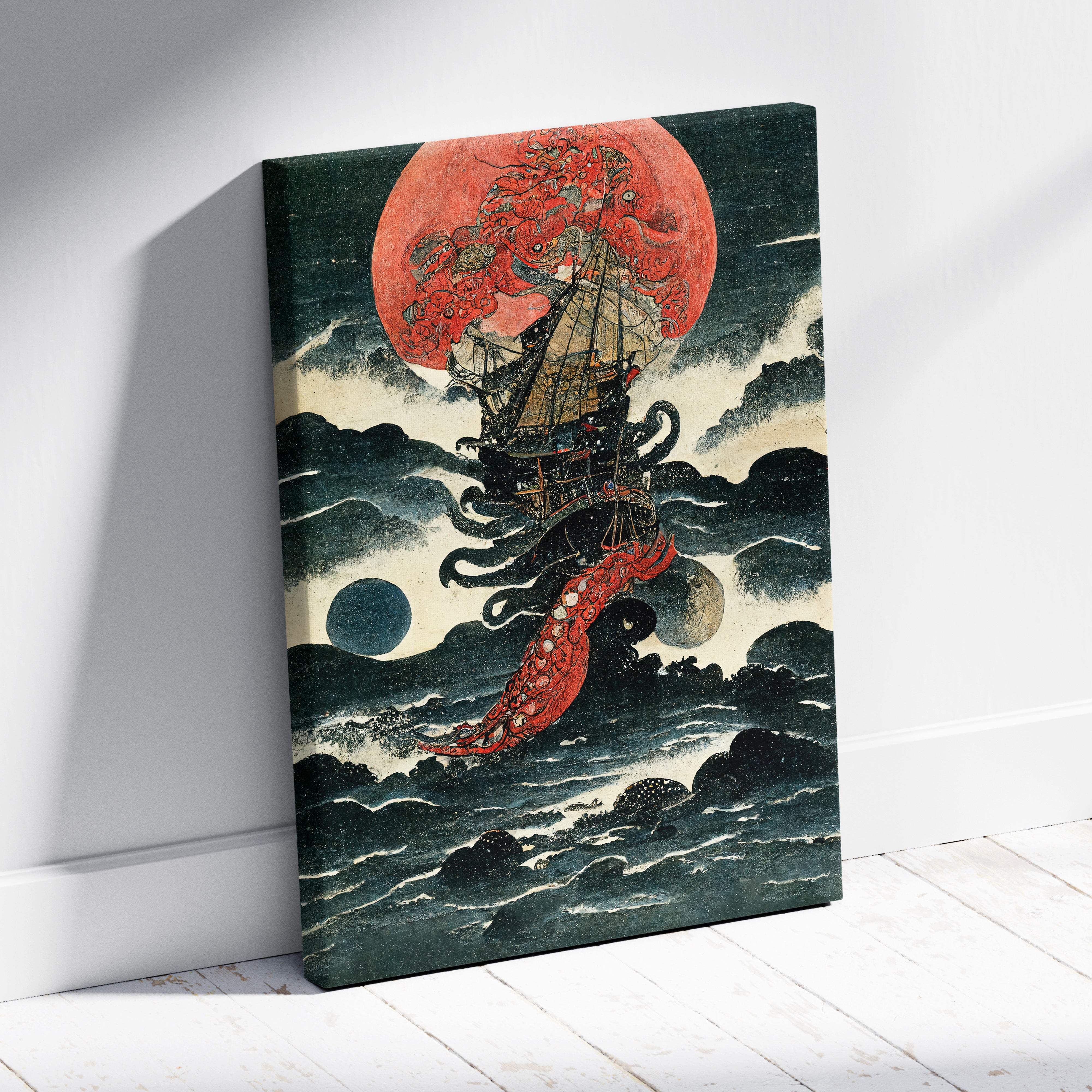 Red moon pirate ship canvas wall art with stylized tentacle ship beneath a large red moon on dark swirling seas