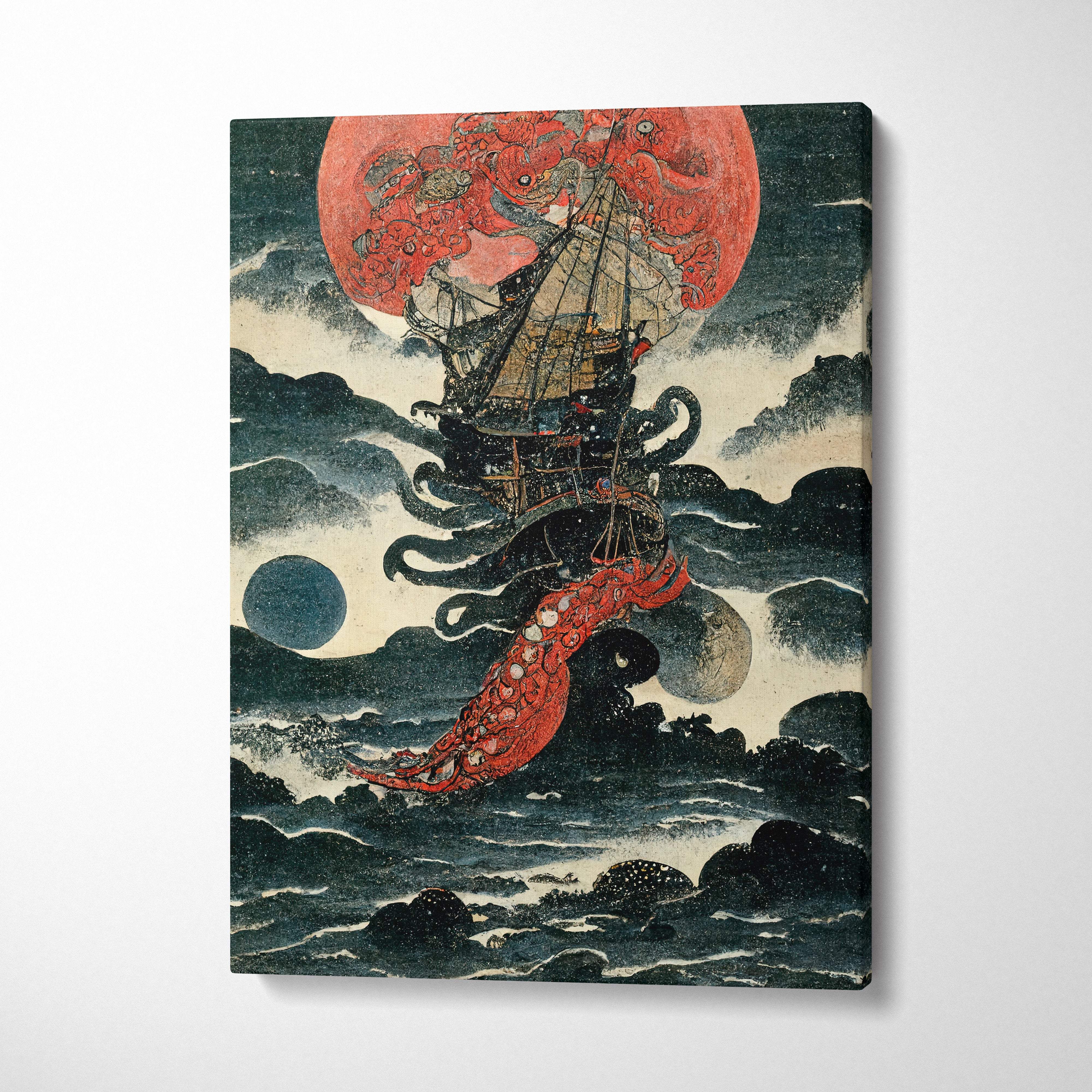 Canvas print of red moon pirate ship artwork featuring a dark japanese sea monster in vintage nautical style
