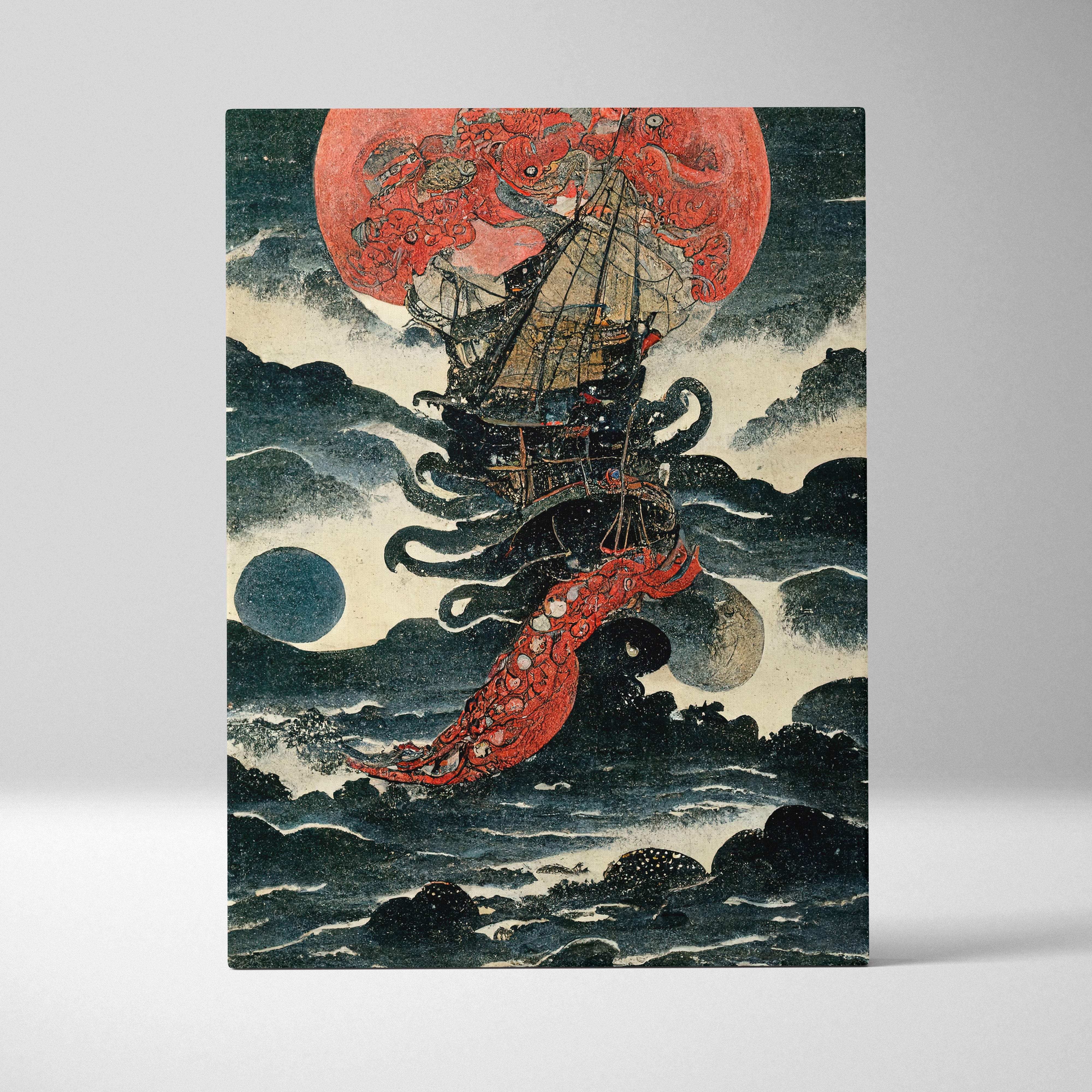 Red moon pirate ship canvas wall art featuring a dramatic japanese woodblock style red octopus and swirling clouds