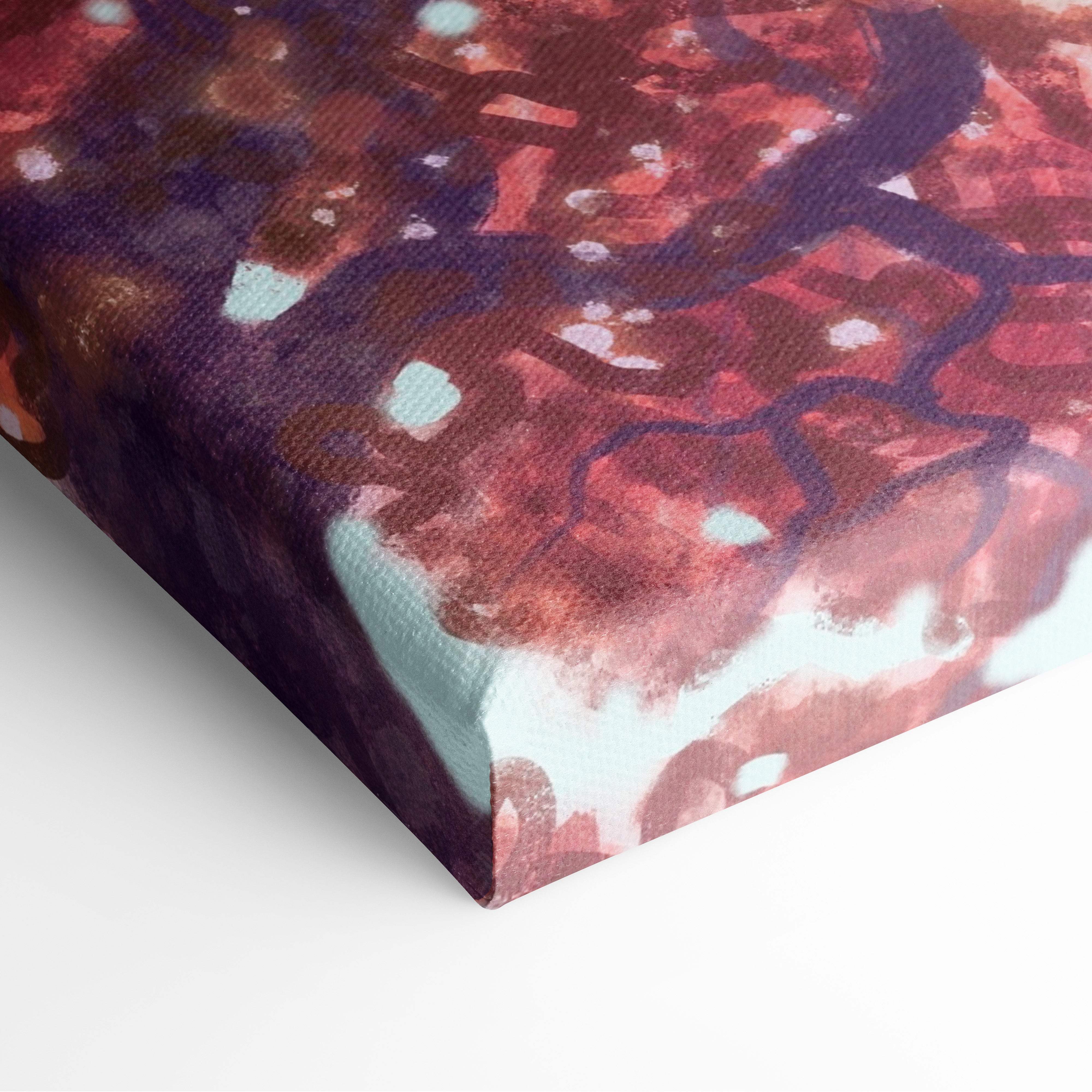 Contemporary autumn tree canvas wall art with swirling deep reds purple and light teal abstract design on textured canvas