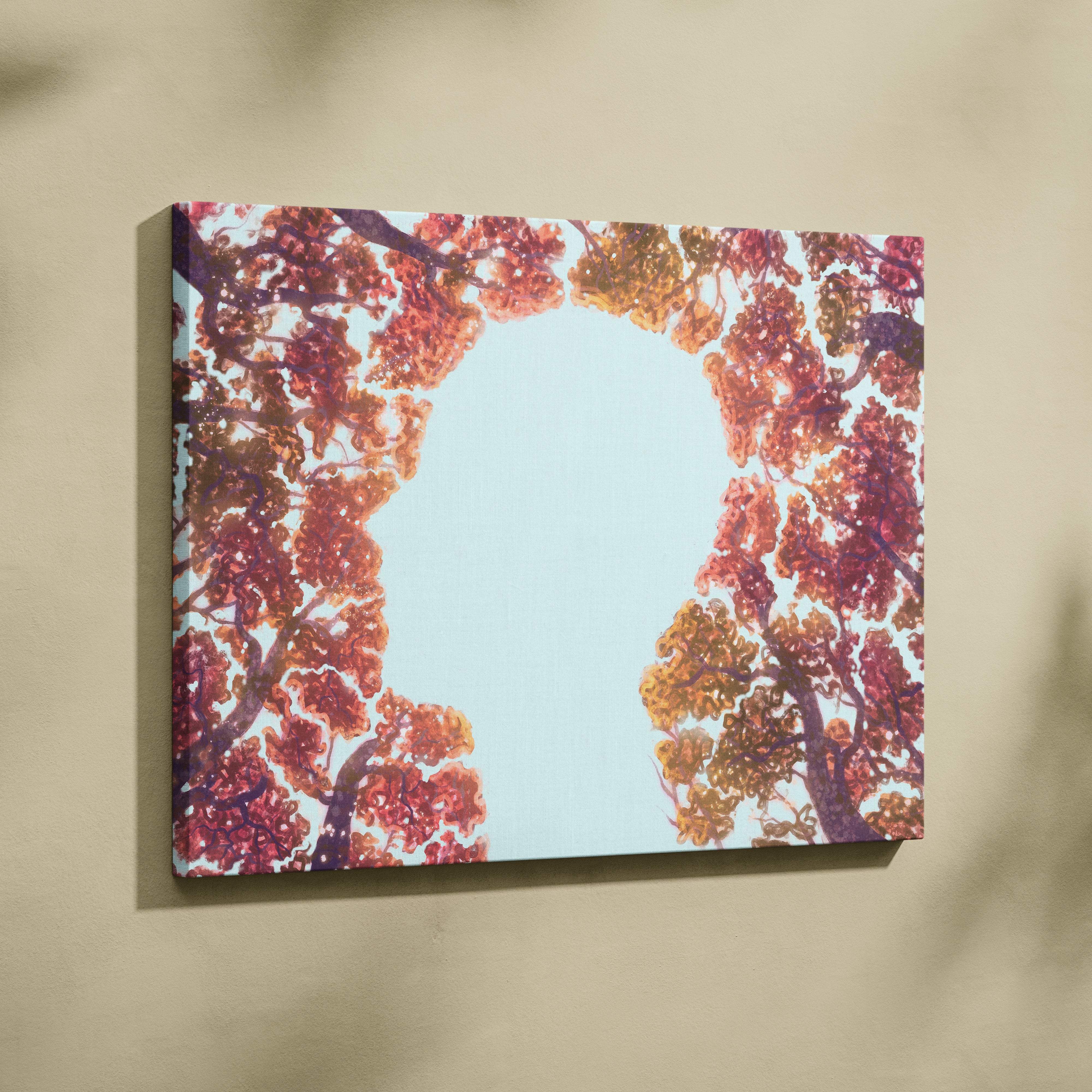 Contemporary autumn tree canvas wall art with vibrant orange red leaves and bright blue sky in soft watercolor style