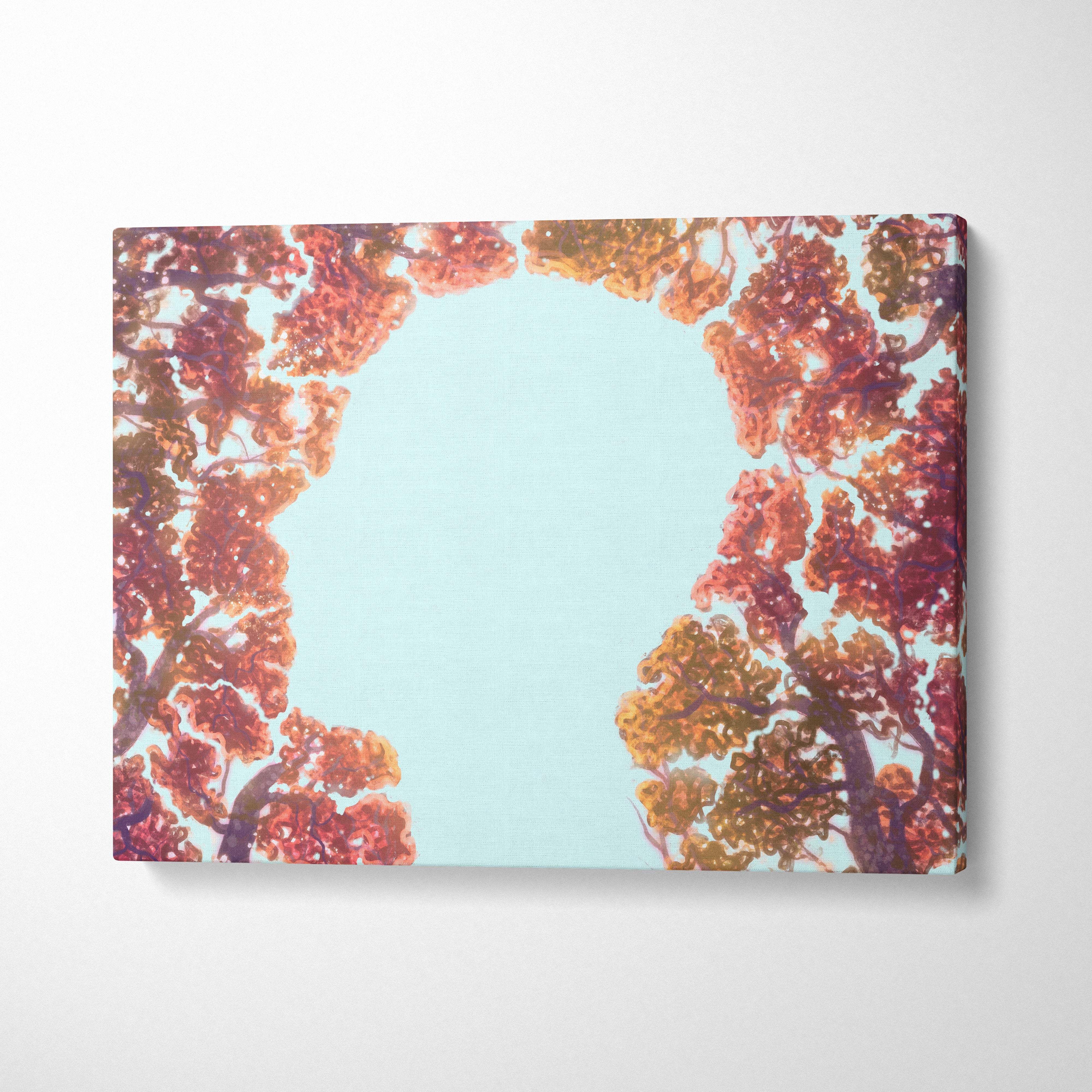Contemporary autumn tree canvas wall art with orange red and golden leaves framing a light blue sky in watercolor style