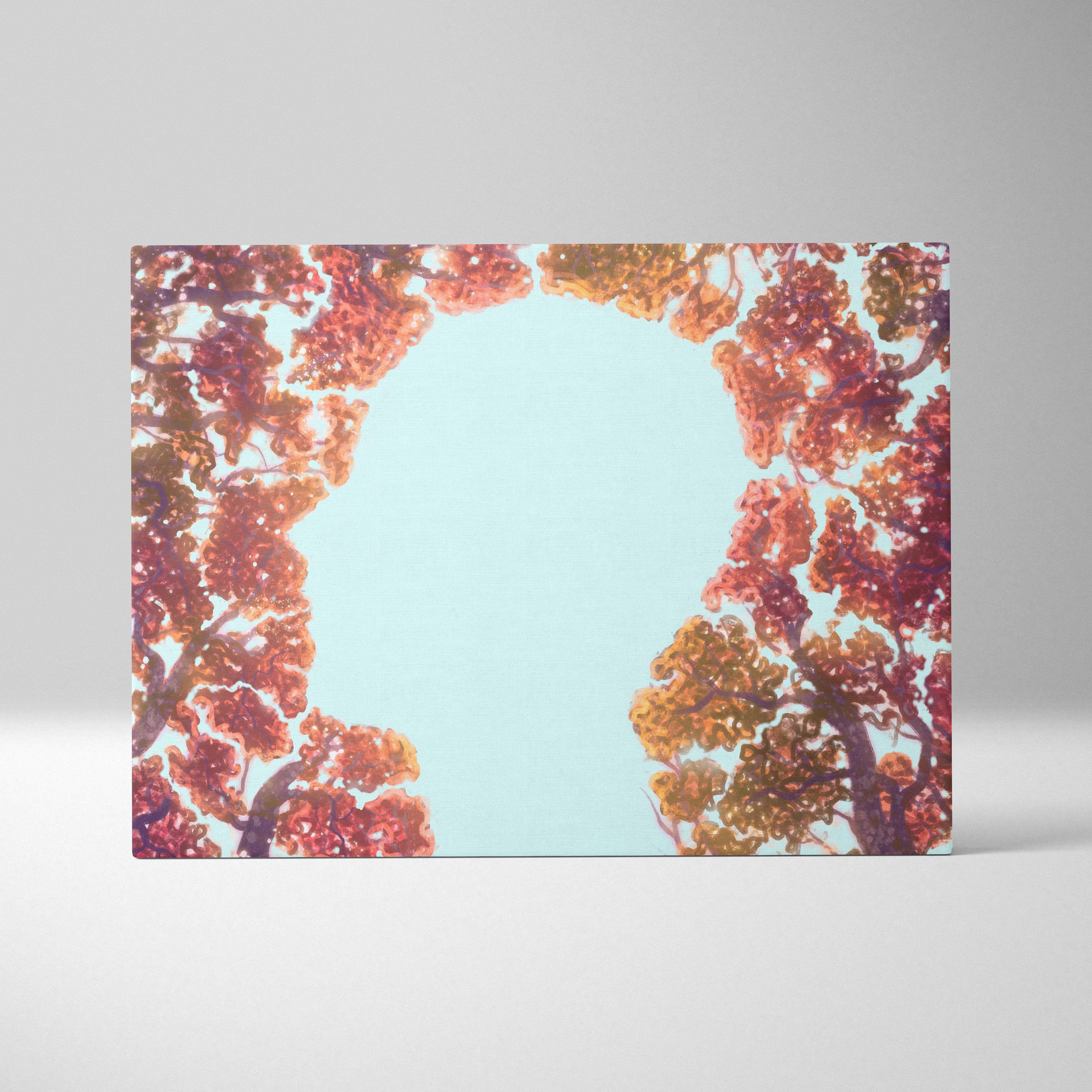Rectangular canvas print of a contemporary autumn tree with vibrant orange red foliage and soft blue sky background