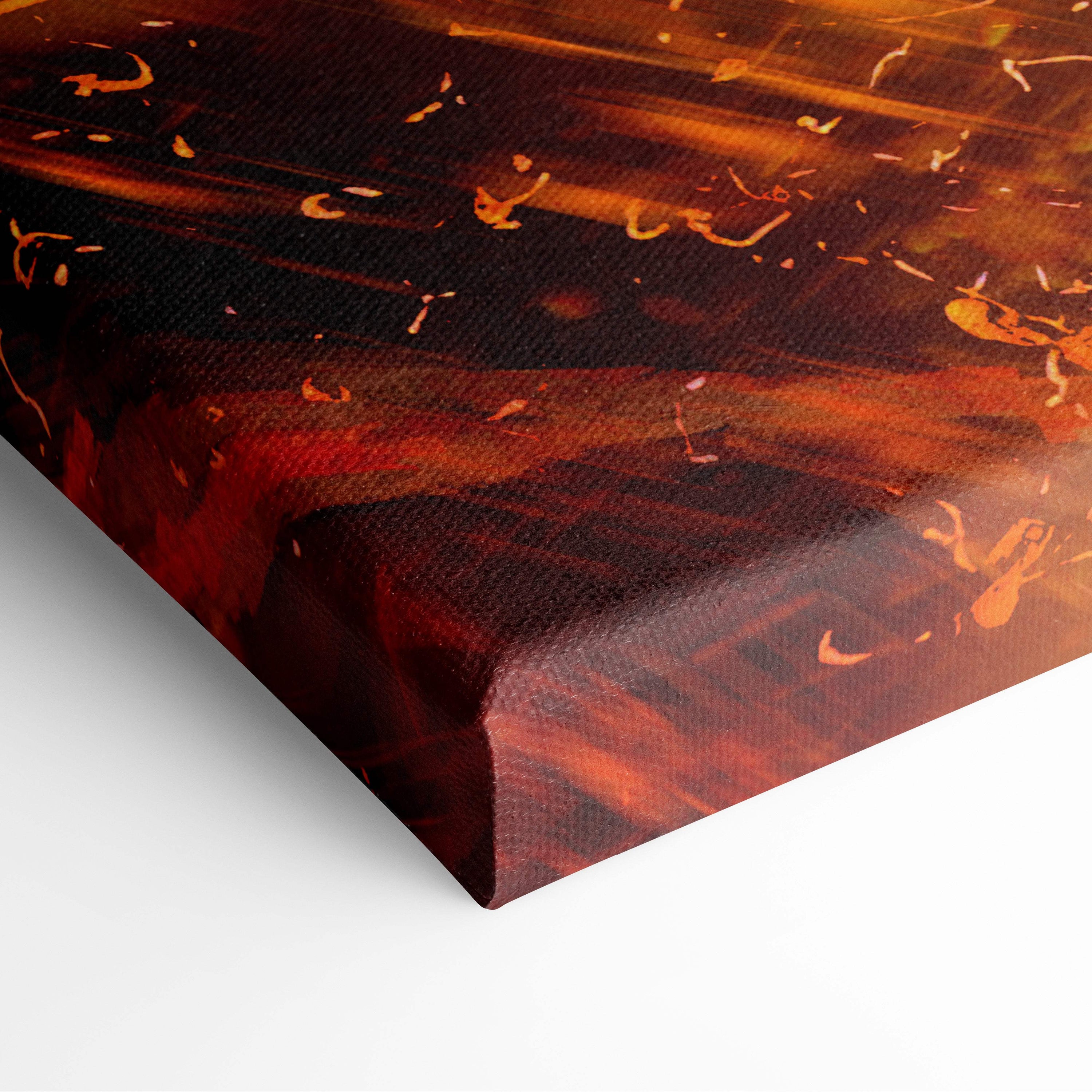 A canvas print of inferno warrior goddess with fiery demon mask in swirling reds orange and dark browns wall decor
