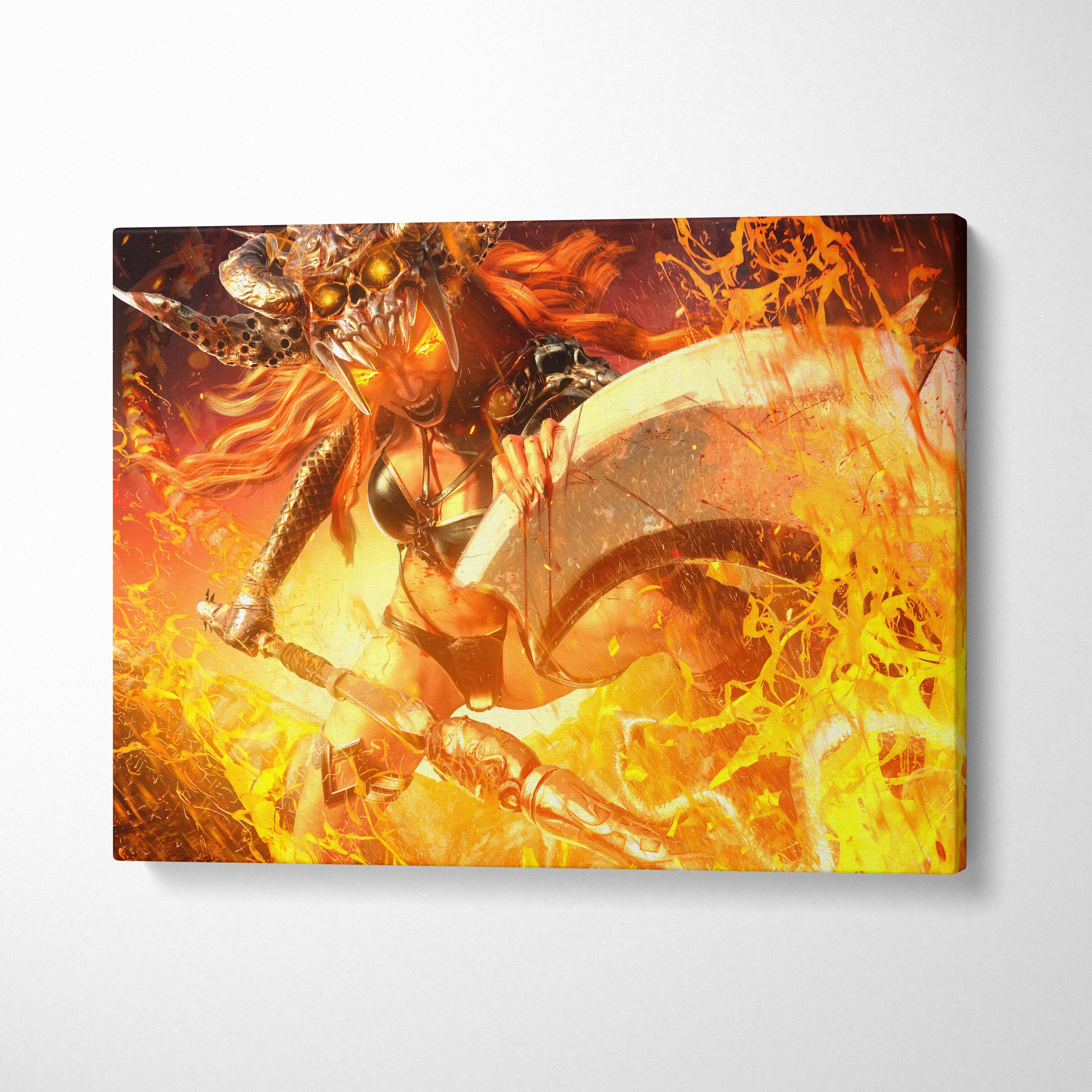 Vibrant inferno warrior goddess canvas art featuring fiery demon mask woman with glowing eyes and lava flames wall decor