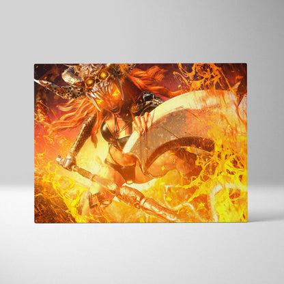 Inferno warrior goddess canvas art featuring fiery orange and yellow fantasy warrior with glowing eyes and sword