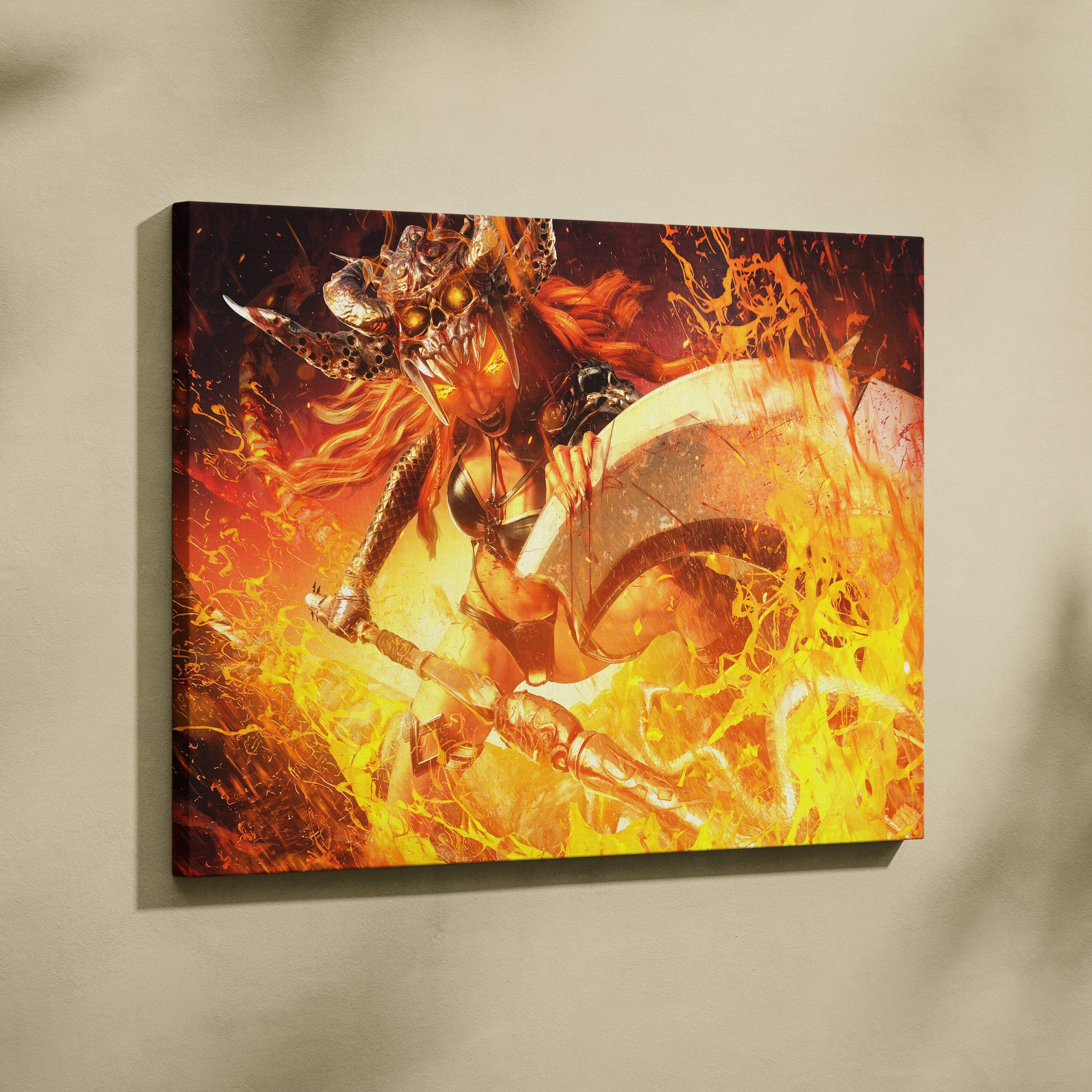Inferno warrior goddess canvas art with fiery demon mask woman in armor glowing orange eyes and red hair amid flames