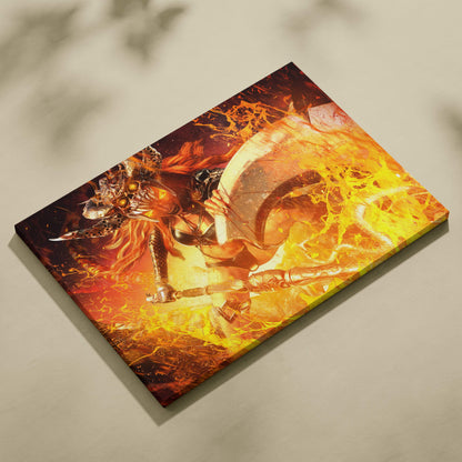 Vibrant canvas print of fiery armored warrior woman with sword against explosive orange and yellow background wall decor