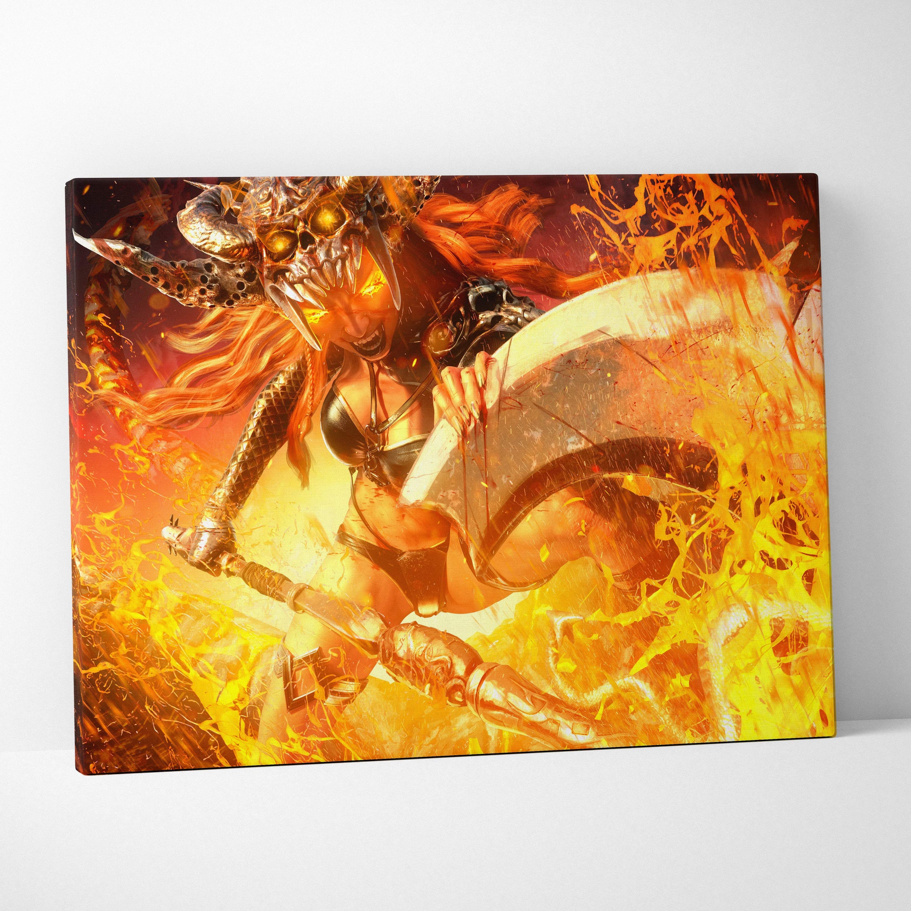 Inferno warrior goddess canvas art featuring a fiery demon mask woman with sword in vibrant orange and yellow lava flames