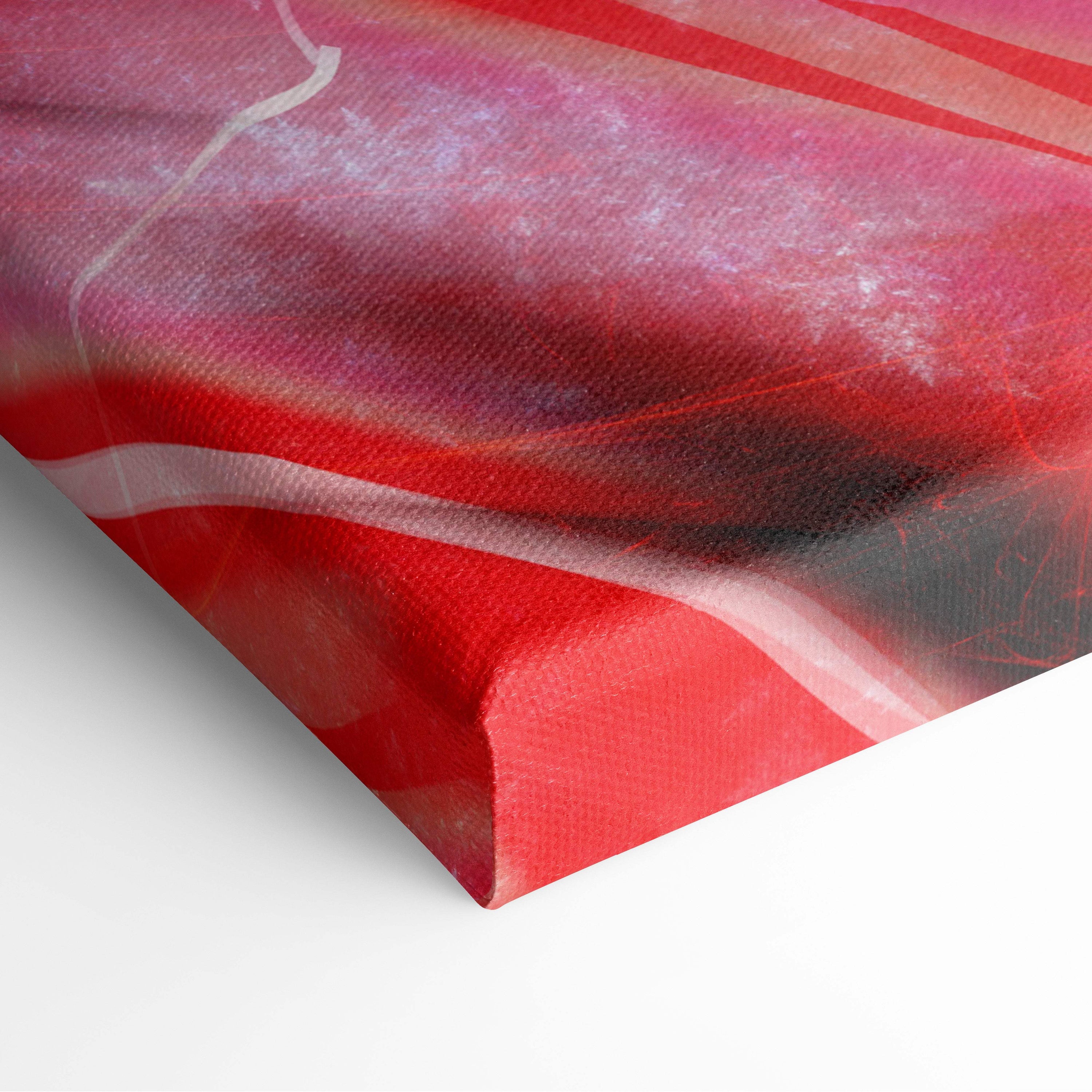 Thunder god warrior canvas art with vibrant red and pink hues printed on textured fabric for epic wall decor