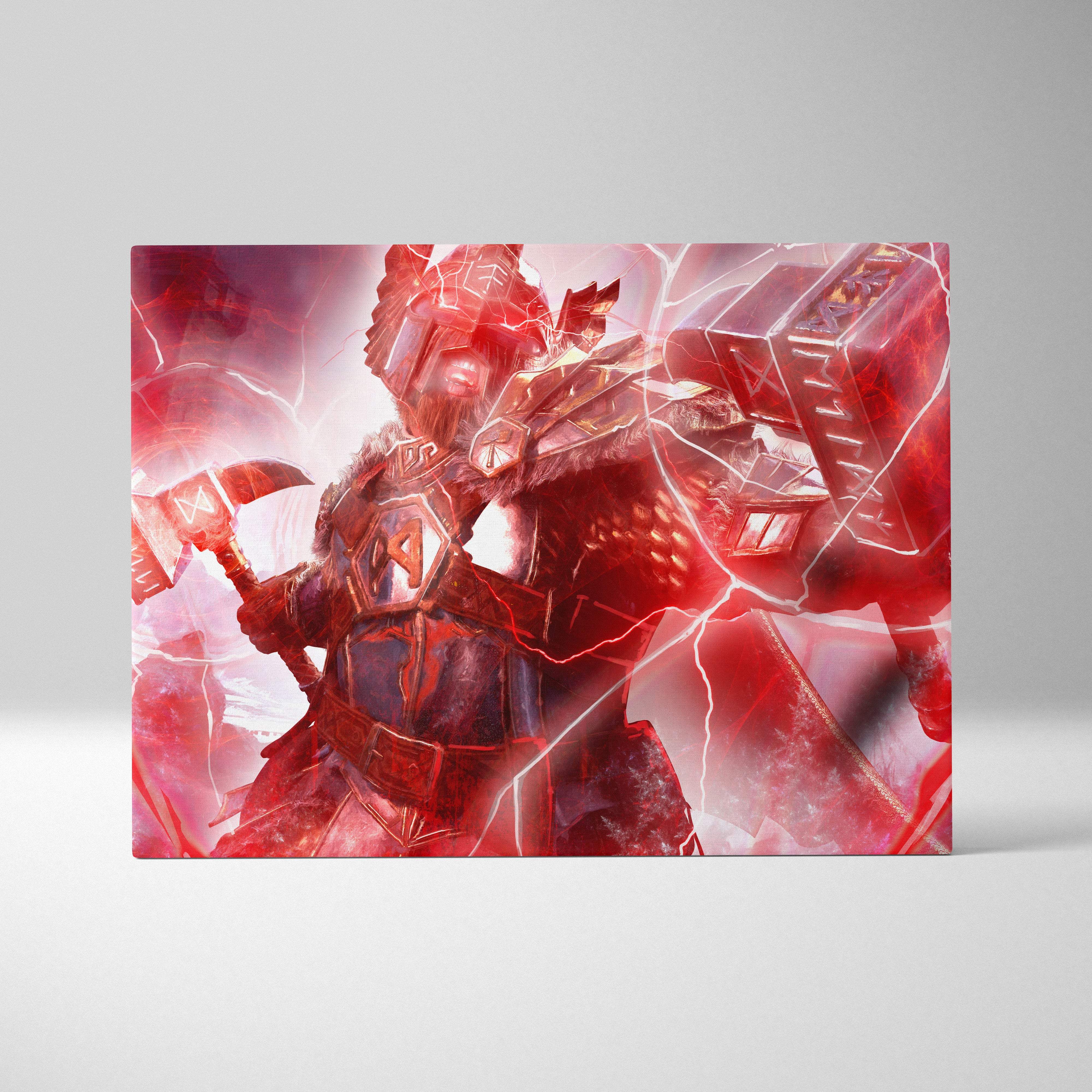 Red and black armored thunder god warrior canvas art with glowing lightning effects and double axe norse mythology fantasy wall decor