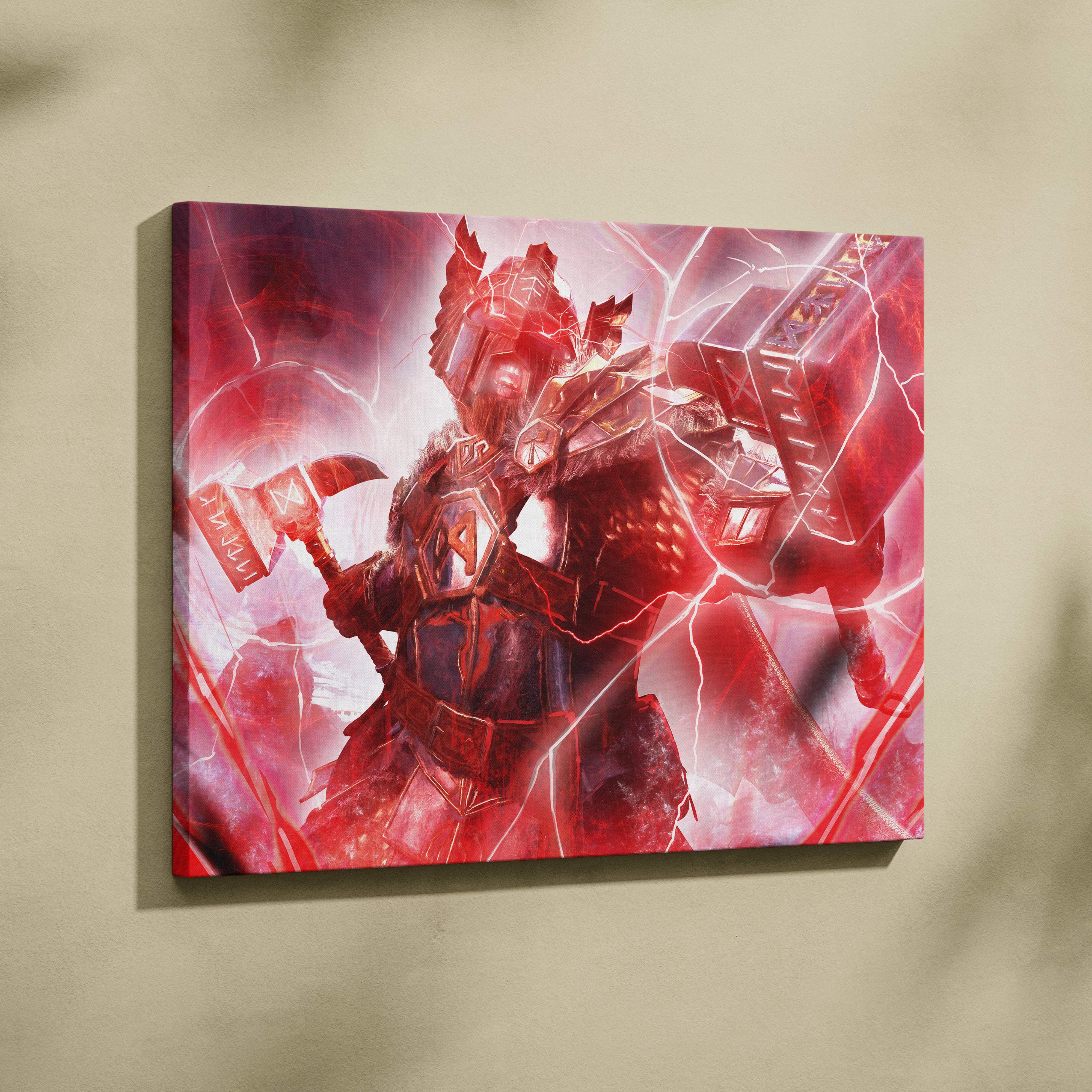 Red and black armored warrior canvas print featuring glowing electrified design for Norse mythology wall decor