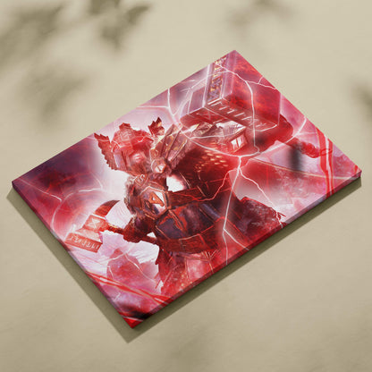 Red and black armored warrior wielding a glowing hammer on thunder god warrior canvas art with electric crimson energy