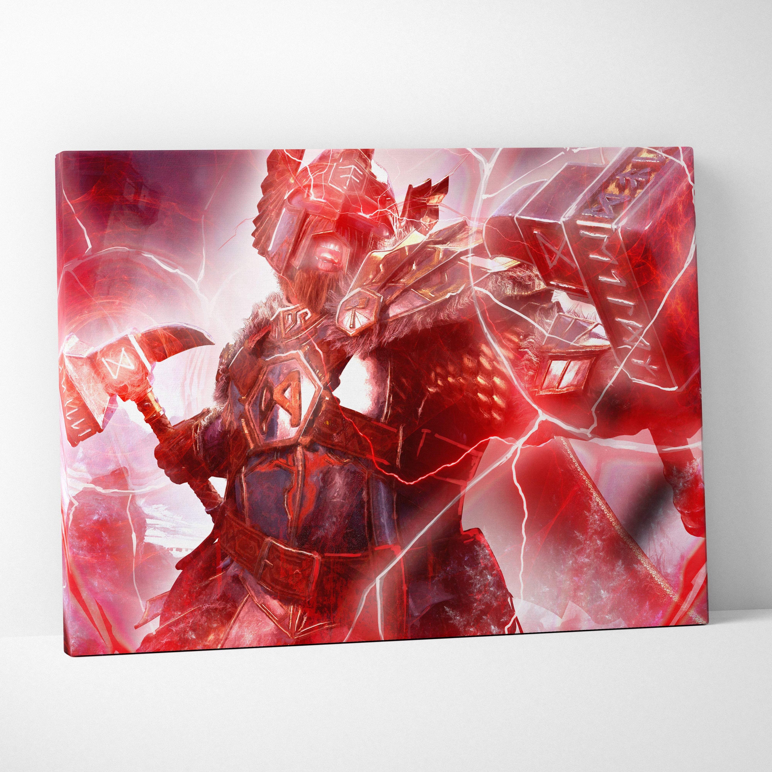 Red and black armored warrior with glowing red lightning on a thunder god warrior canvas art print
