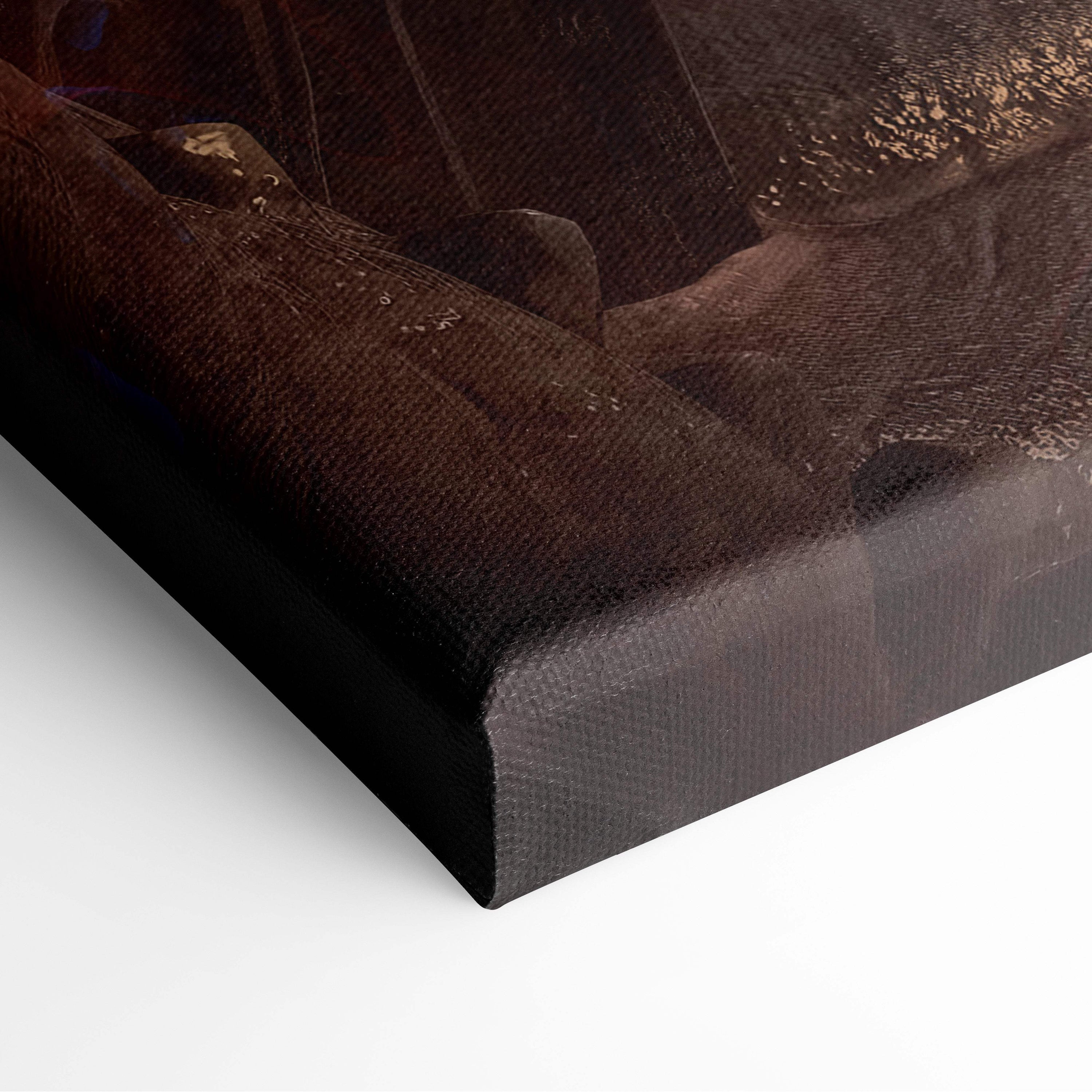 Dark brown canvas print with textured surface and subtle golden highlights featuring dragon rider warrior fantasy art