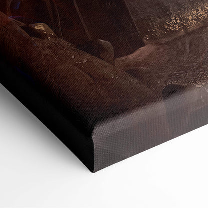 Dark brown canvas print with textured surface and subtle golden highlights featuring dragon rider warrior fantasy art