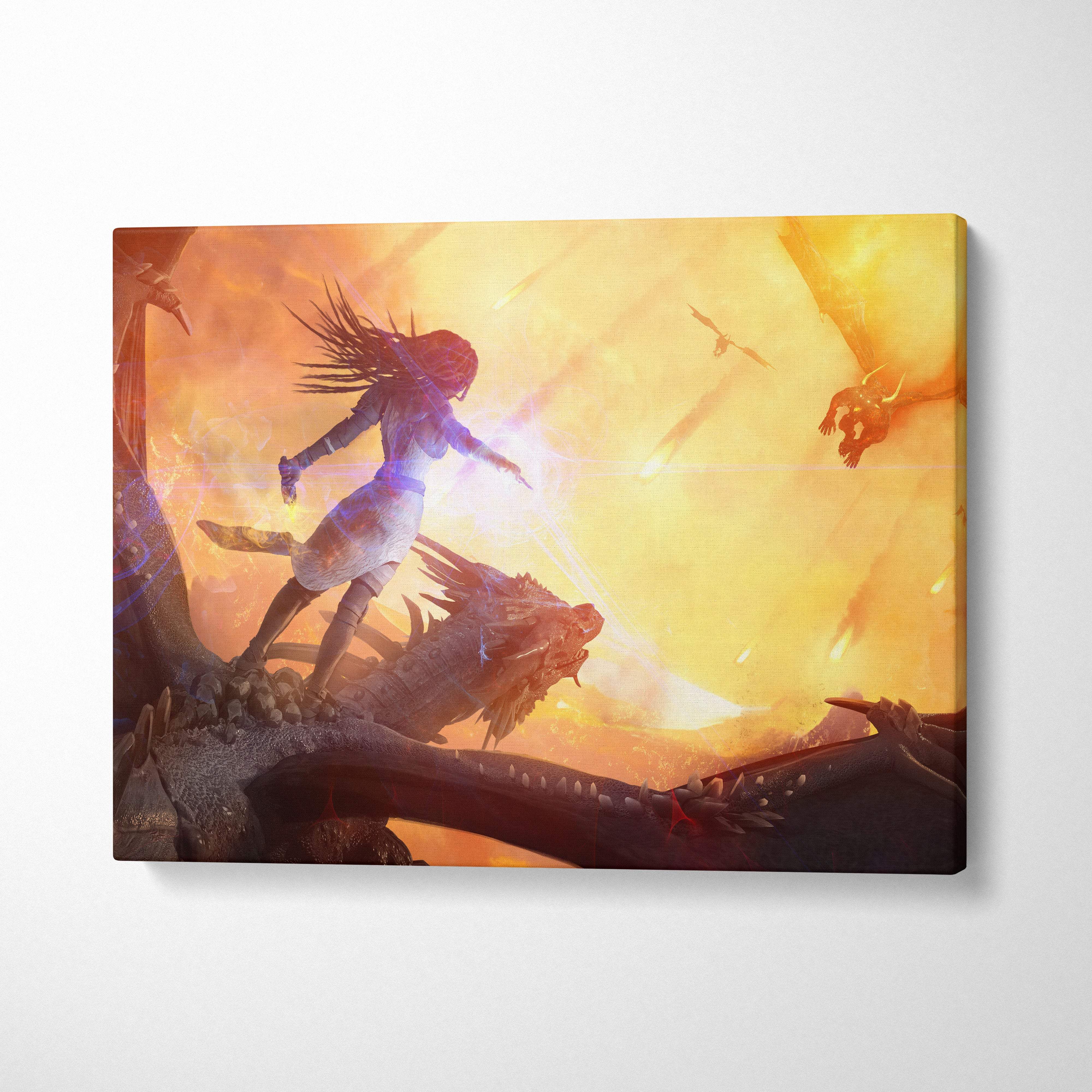 A vibrant dragon rider warrior canvas art with fiery orange sky on stretched fabric for epic fantasy wall decor