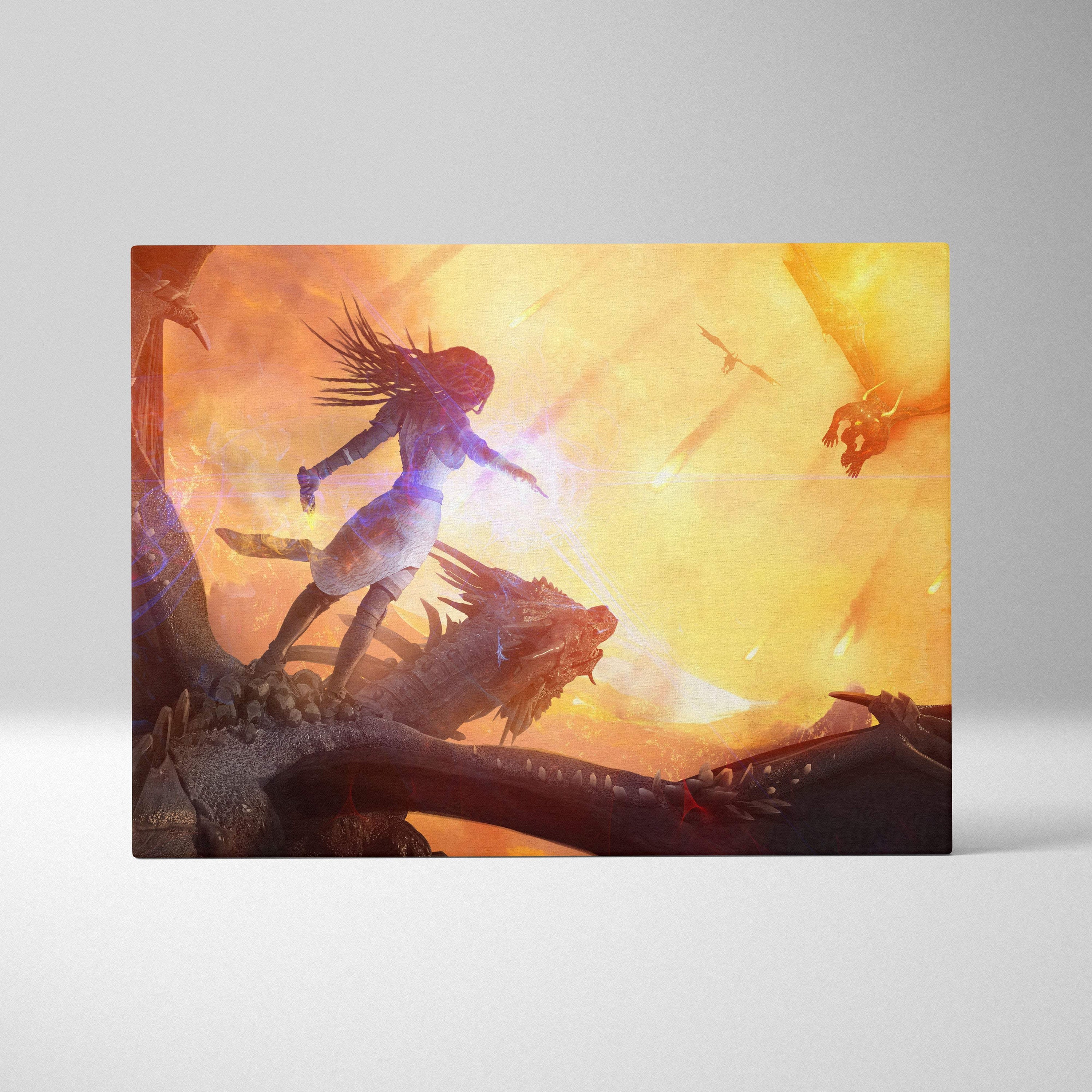 A rectangular canvas print of a warrior in white and blue armor on dragon scales against a fiery orange sky