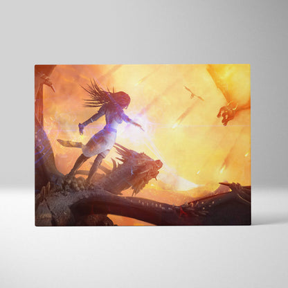 A rectangular canvas print of a warrior in white and blue armor on dragon scales against a fiery orange sky