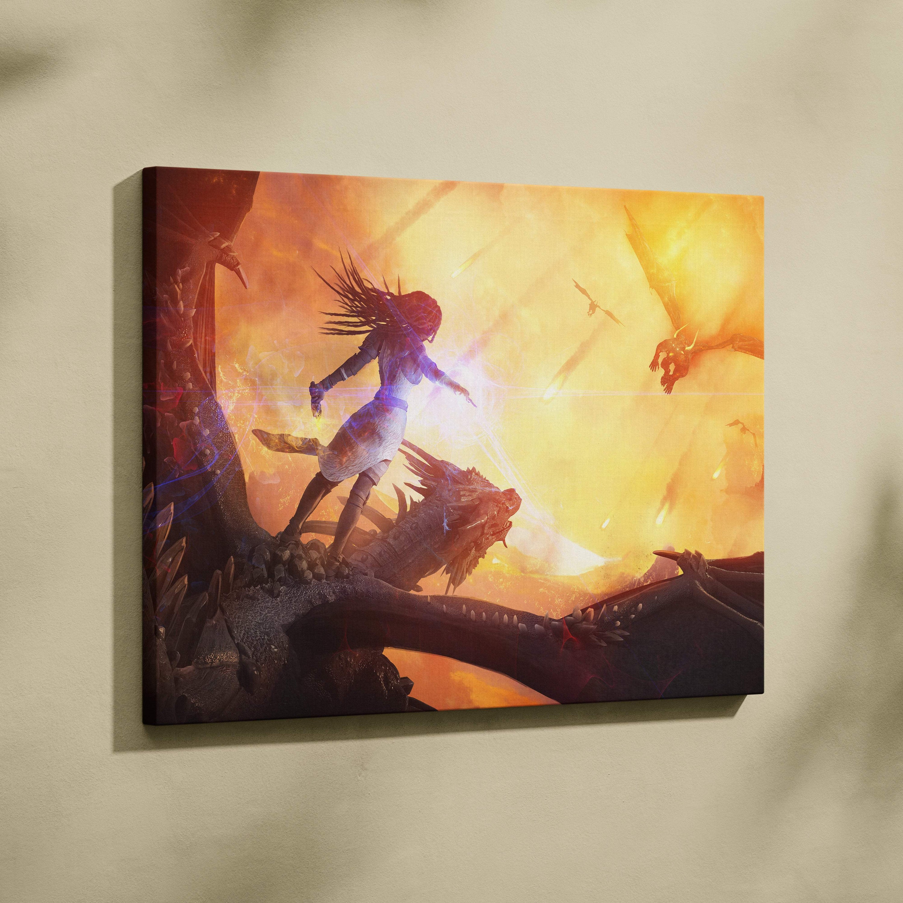 Dragon rider warrior canvas art showing a vibrant fantasy scene of a warrior on a dragon with a fiery orange sunset sky