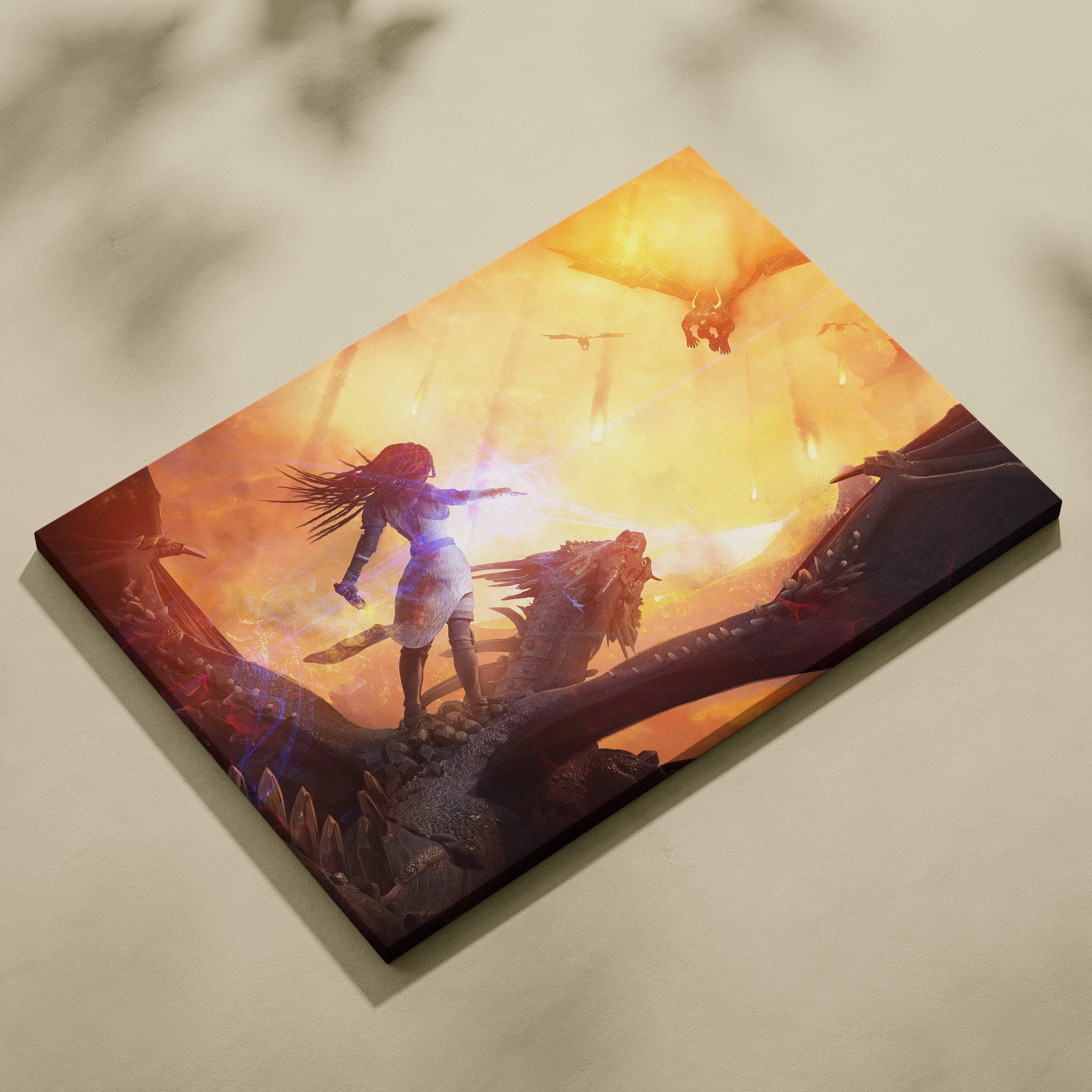 Dragon rider warrior canvas art featuring a vibrant fantasy scene with orange sunset sky and dragon scale warrior