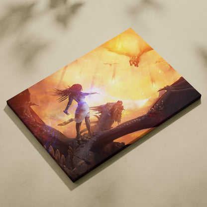 Dragon rider warrior canvas art featuring a vibrant fantasy scene with orange sunset sky and dragon scale warrior