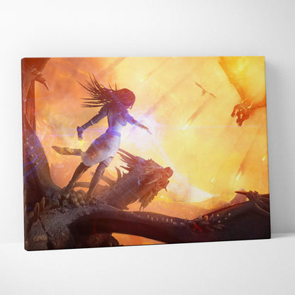 Dragon rider warrior canvas art featuring a warrior in blue and white armor on a dragon against a fiery orange sky