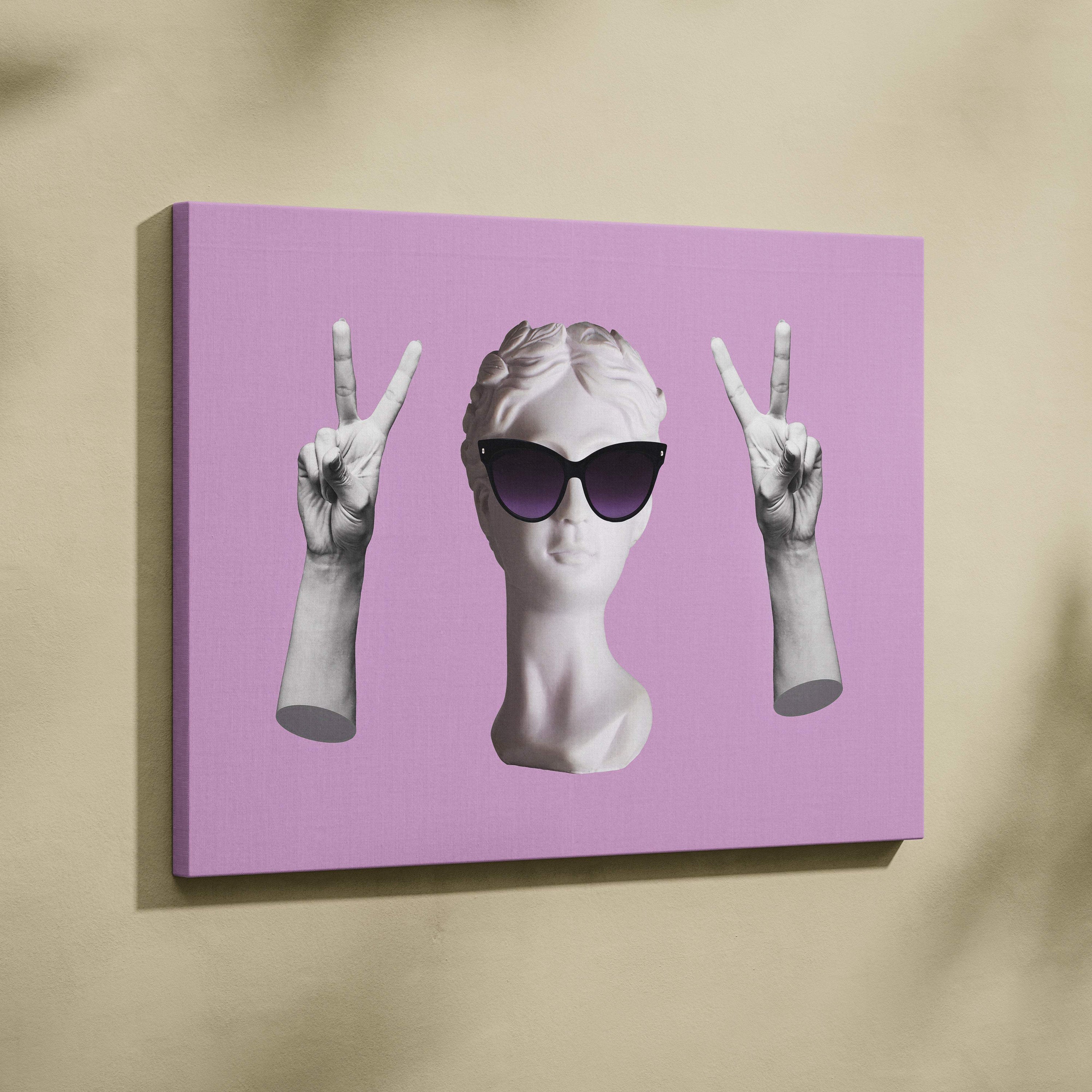 Contemporary peace sign statue canvas wall art with white marble bust wearing black sunglasses on lavender background