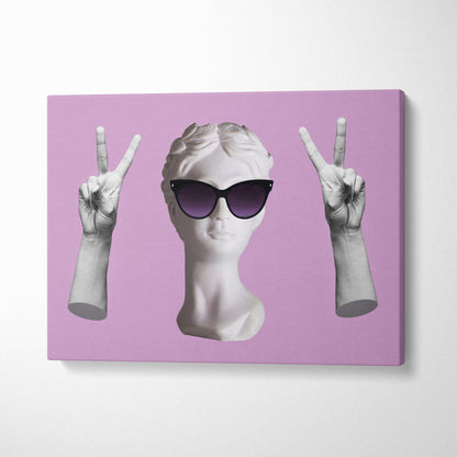 A matte lavender canvas print with a white marble bust wearing black cat-eye sunglasses and peace sign hands