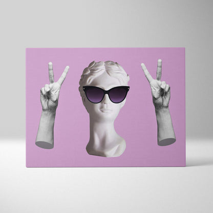 A white marble contemporary bust with black sunglasses and sculpted hands making peace signs on pink wall art