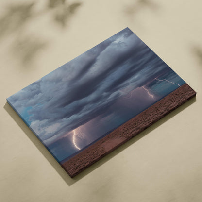 Multiple lightning storm canvas art featuring dark blue thunderclouds and dramatic lightning over an earth-toned desert
