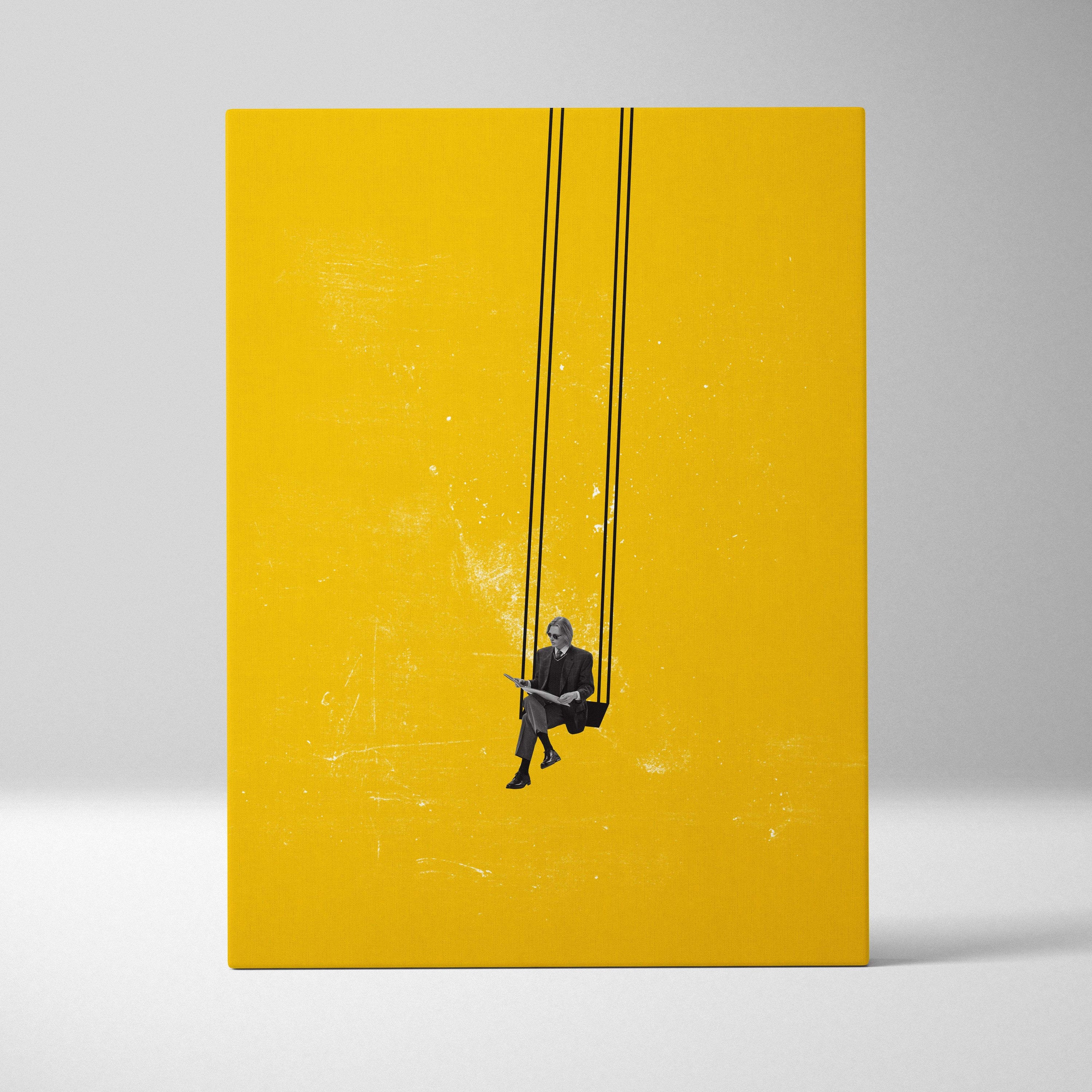 Contemporary yellow canvas wall art featuring a minimalist black and white illustration of a man in a suit on a swing
