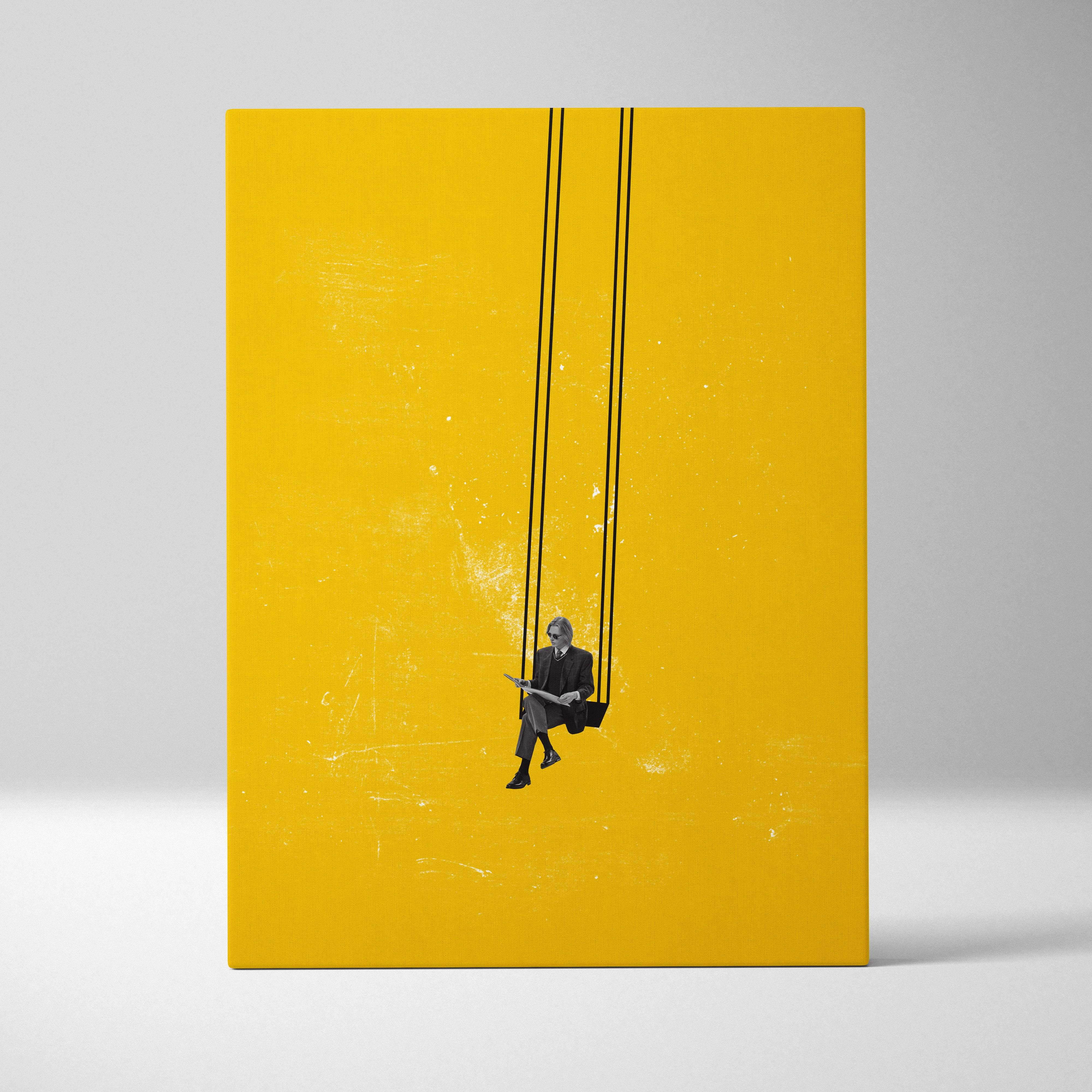 Contemporary yellow canvas wall art featuring a minimalist black and white illustration of a man in a suit on a swing