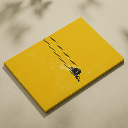 Contemporary yellow rectangular canvas wall art with minimalist black line-art of a person on a swing for modern decor
