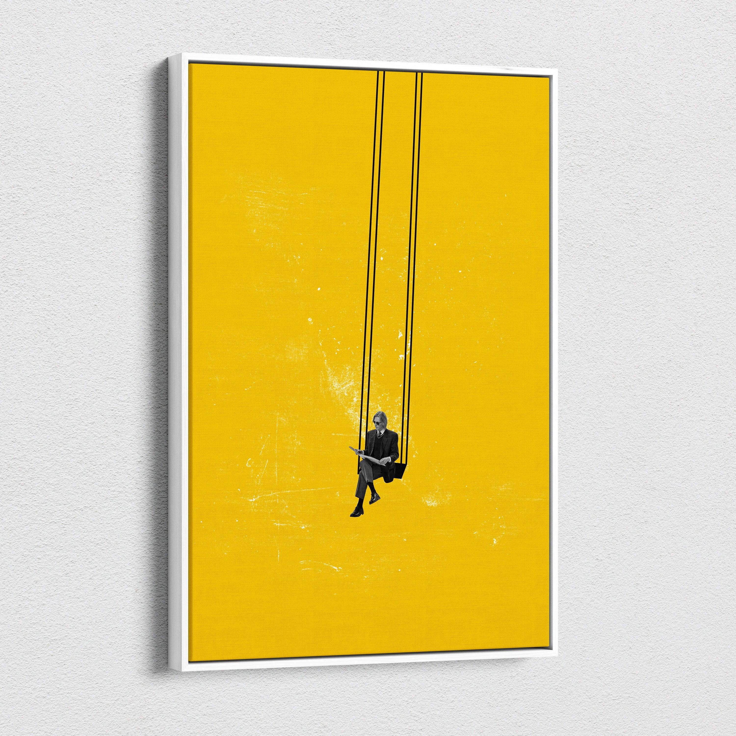 A minimalist canvas print of a black and white silhouette man in a suit on a swing with a vibrant yellow background