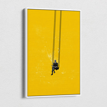 A minimalist canvas print of a black and white silhouette man in a suit on a swing with a vibrant yellow background