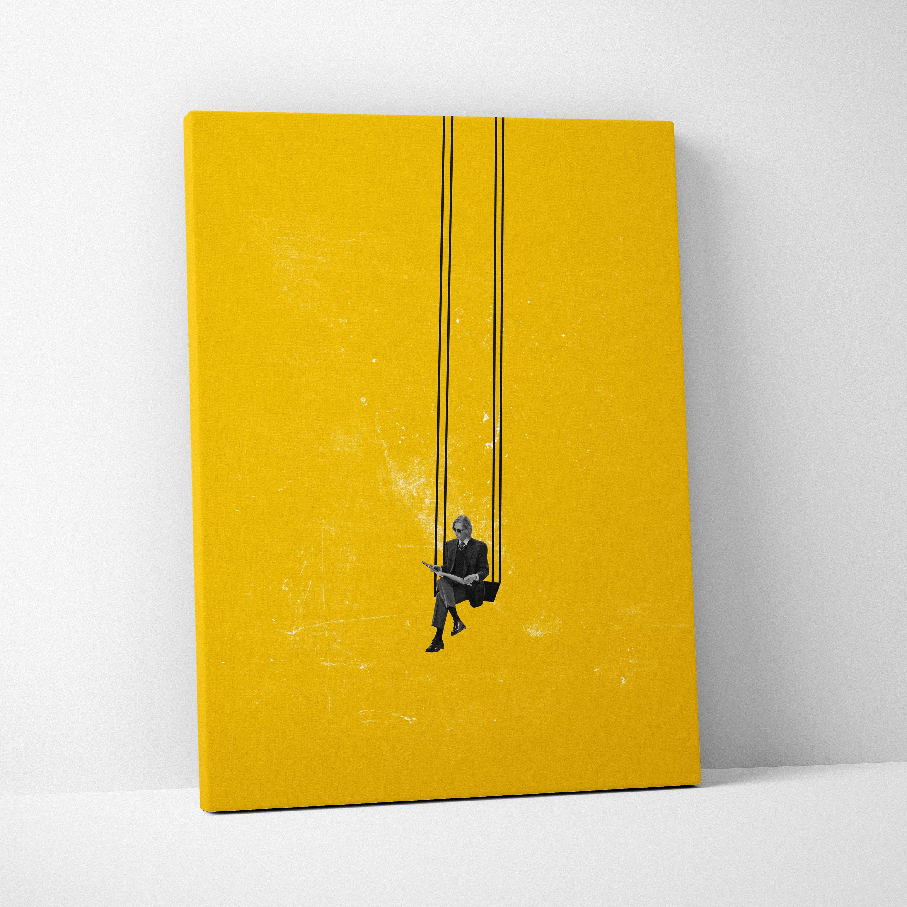Vibrant yellow canvas wall art with minimalist black and white illustration of a man in a suit sitting on a swing