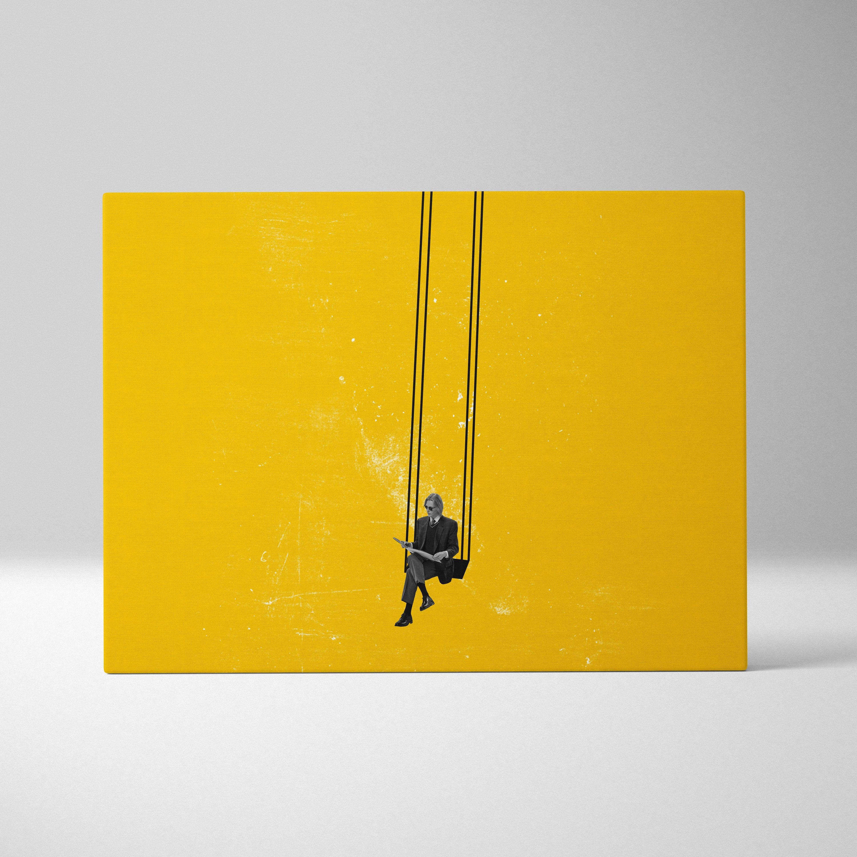 Contemporary yellow swing canvas wall art with black and white minimalist business man illustration on vibrant yellow background