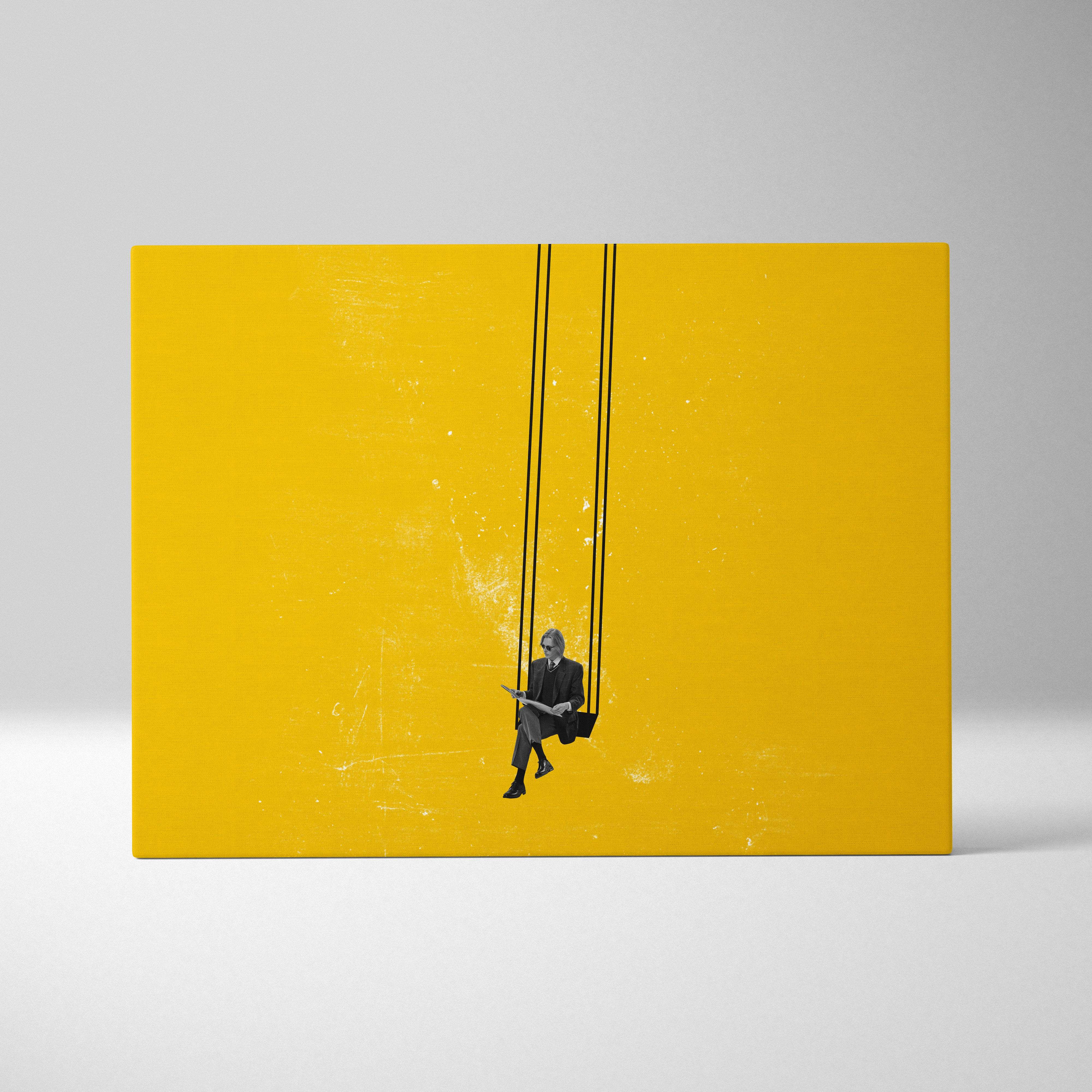 Contemporary yellow swing canvas wall art with black and white minimalist business man illustration on vibrant yellow background