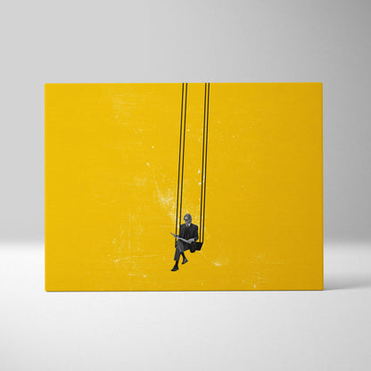 Contemporary yellow swing canvas wall art with black and white minimalist business man illustration on vibrant yellow background