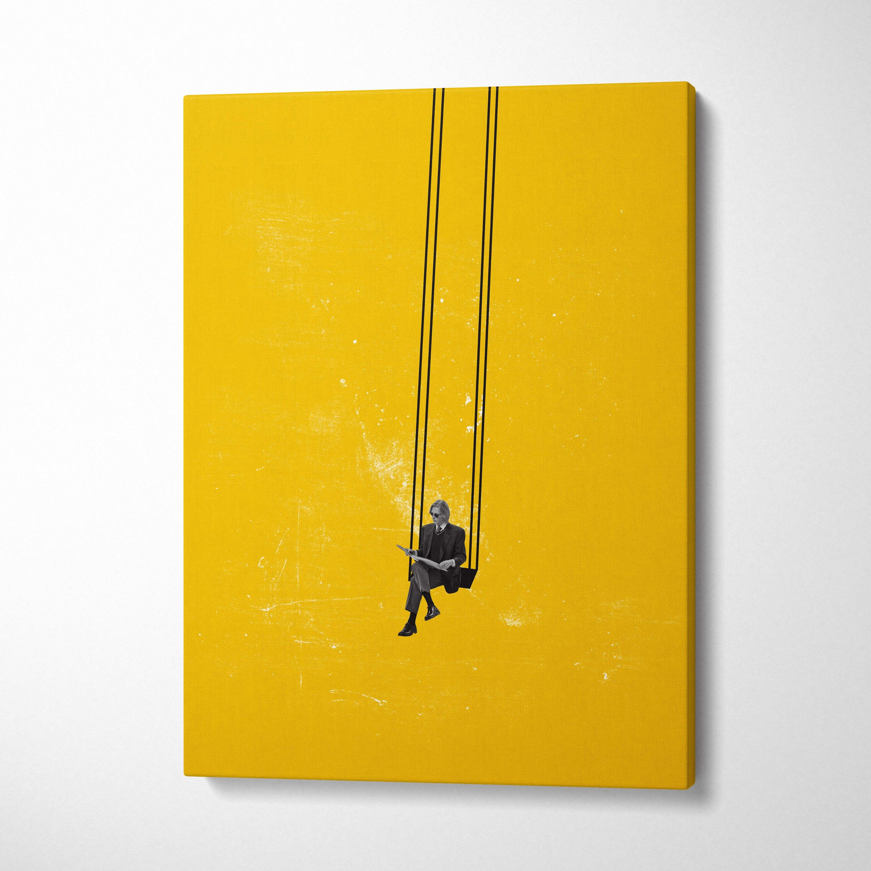 Vibrant yellow canvas wall art featuring minimalist black and white illustration of a man in a suit on a swing