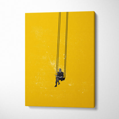Vibrant yellow canvas wall art featuring minimalist black and white illustration of a man in a suit on a swing