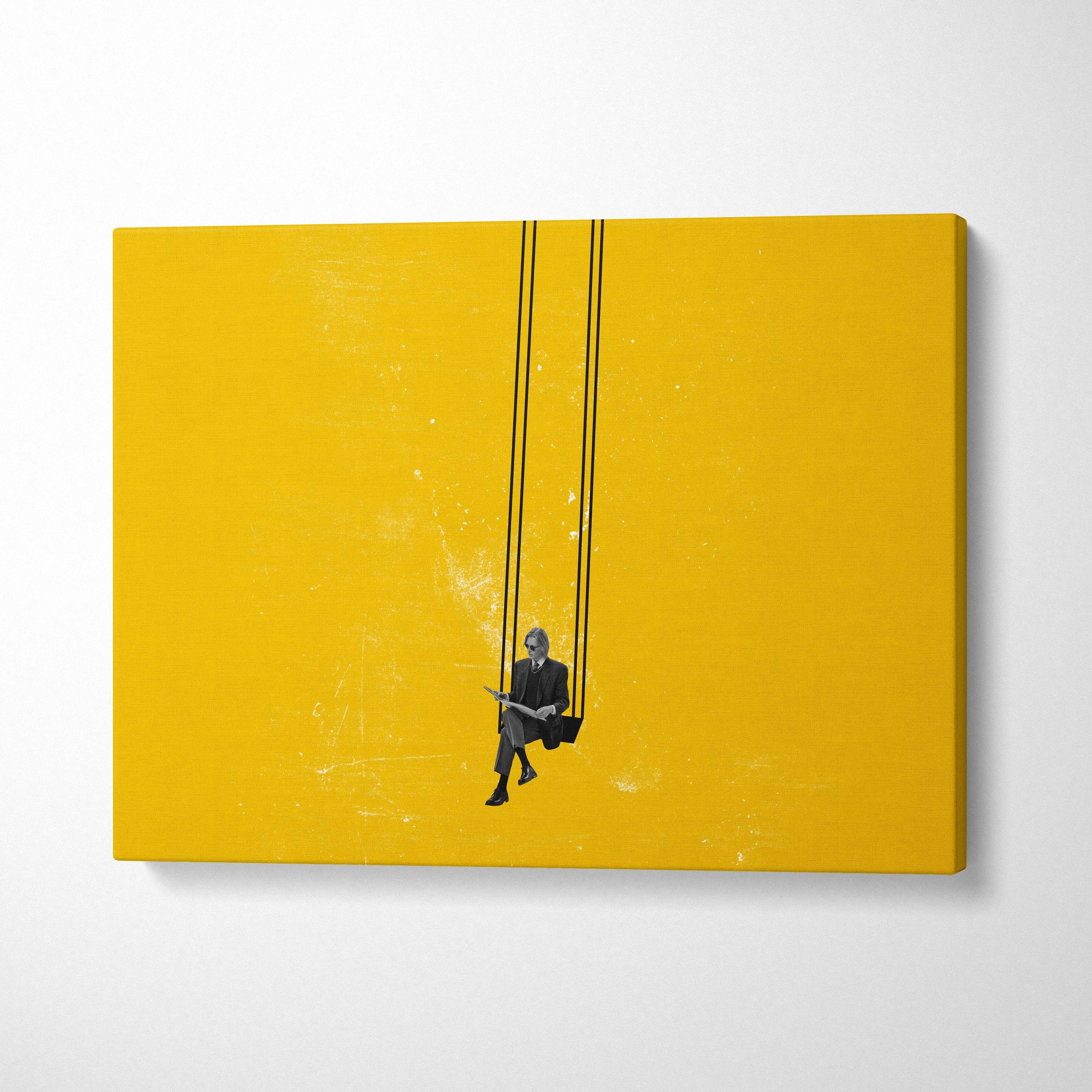 Minimalist canvas print of a black and white suited figure sitting on a swing on a vibrant yellow background