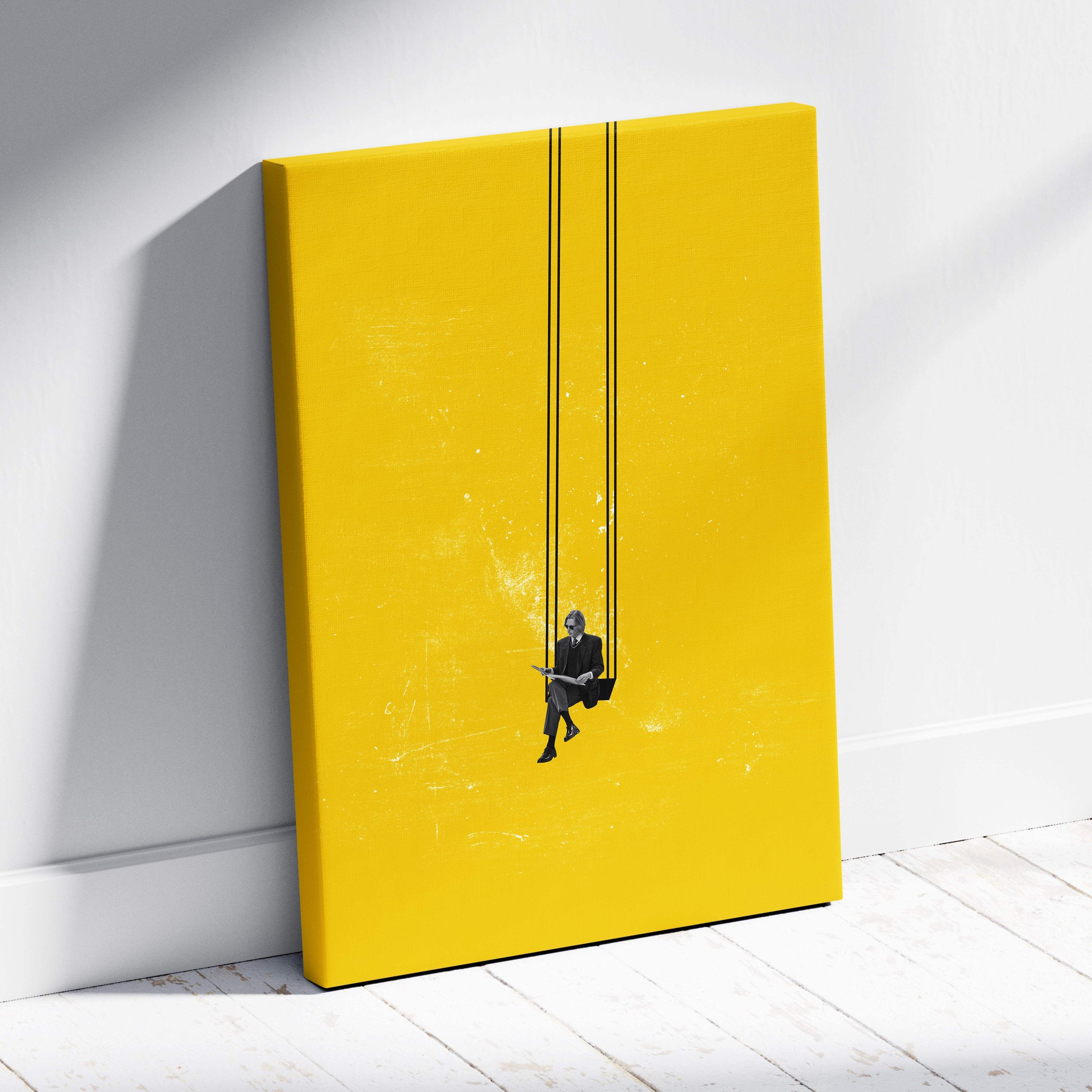 Bright yellow canvas wall art featuring a minimalist black silhouette of a person reading on a swing against textured background
