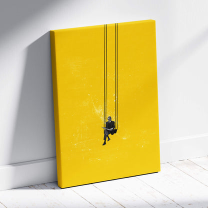 Bright yellow canvas wall art featuring a minimalist black silhouette of a person reading on a swing against textured background