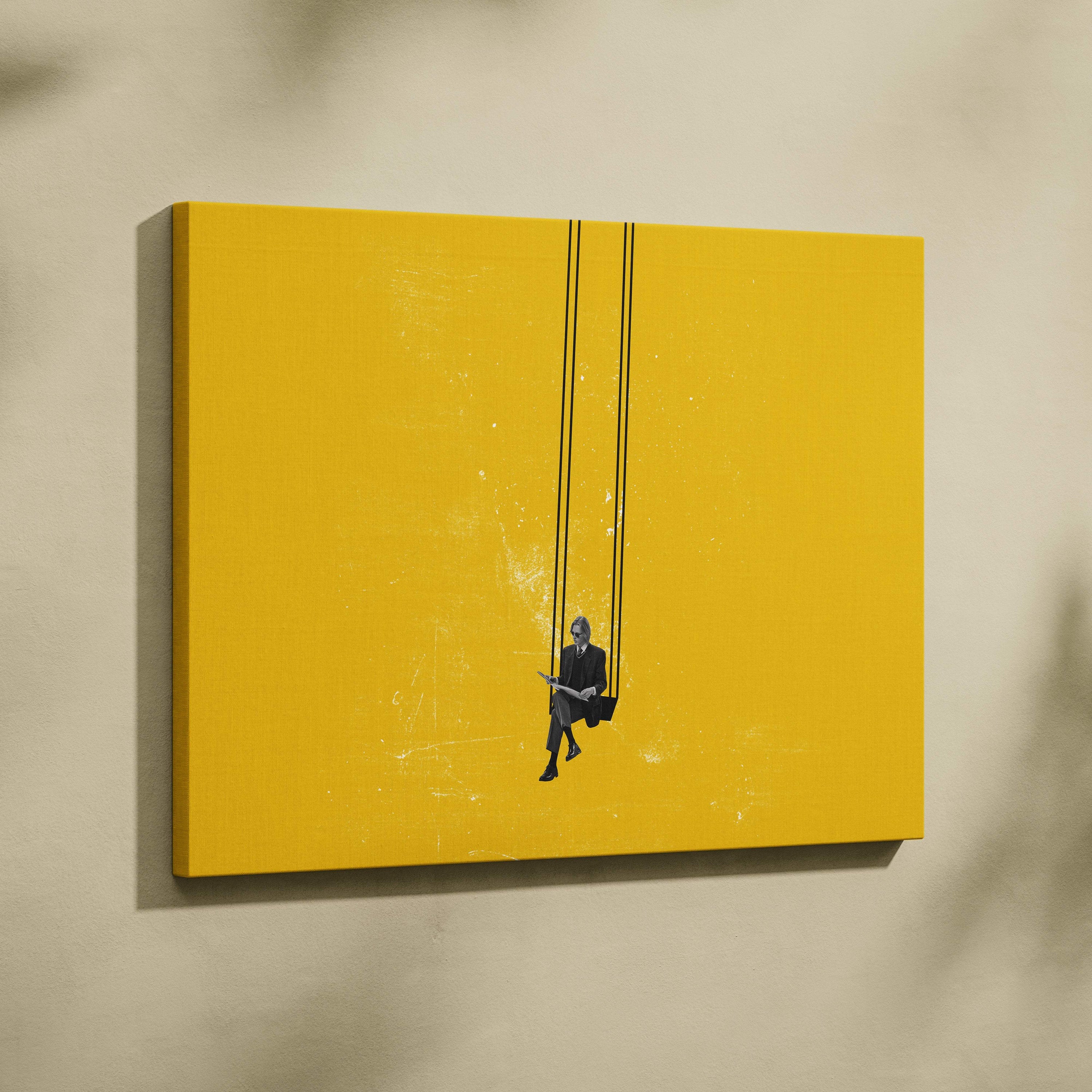 Vibrant yellow canvas wall art featuring a minimalist black silhouette of a business man swinging on ropes